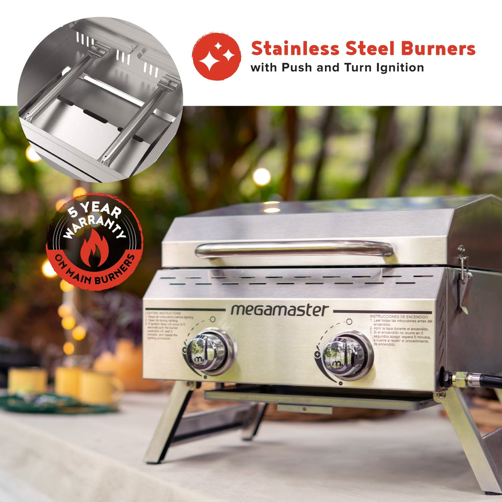 Megamaster 2-Burner Stainless Steel Portable Gas Grill with Built-In Lid, 16,000 BTUs, Foldable Legs, Small Propane Grill for Outdoor Cooking, Camping, BBQs, Patios, Tabletop, and Gardens - 820-0033M Megamaster