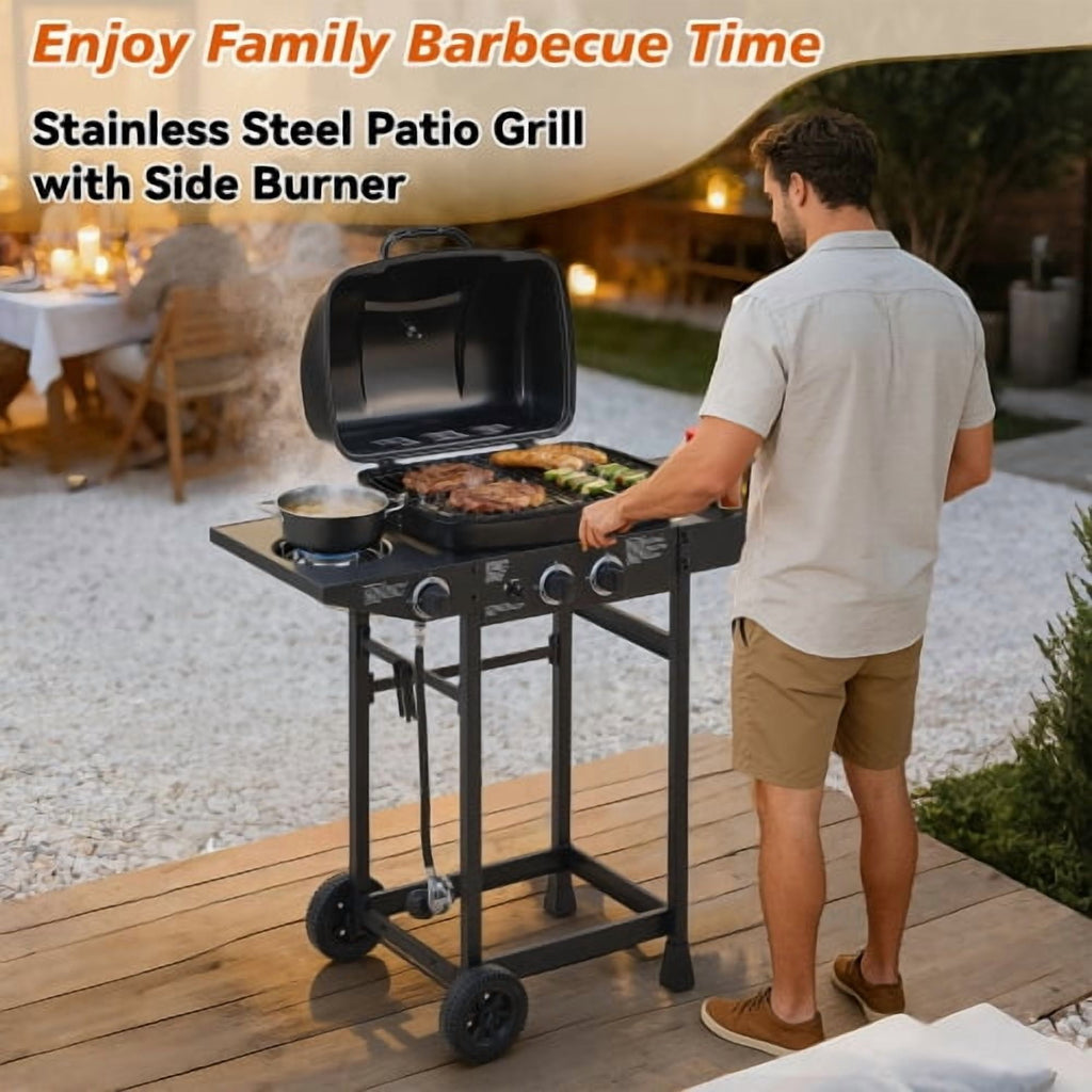 2 Burner Propane Gas Grill with Side Burner, 24000 BTU Outdoor BBQ Grill, Stainless Steel Enameled Grates, Side Tables, Wheels, 237 Sq. In. Cooking Area for Patio & Backyard Uhdpli