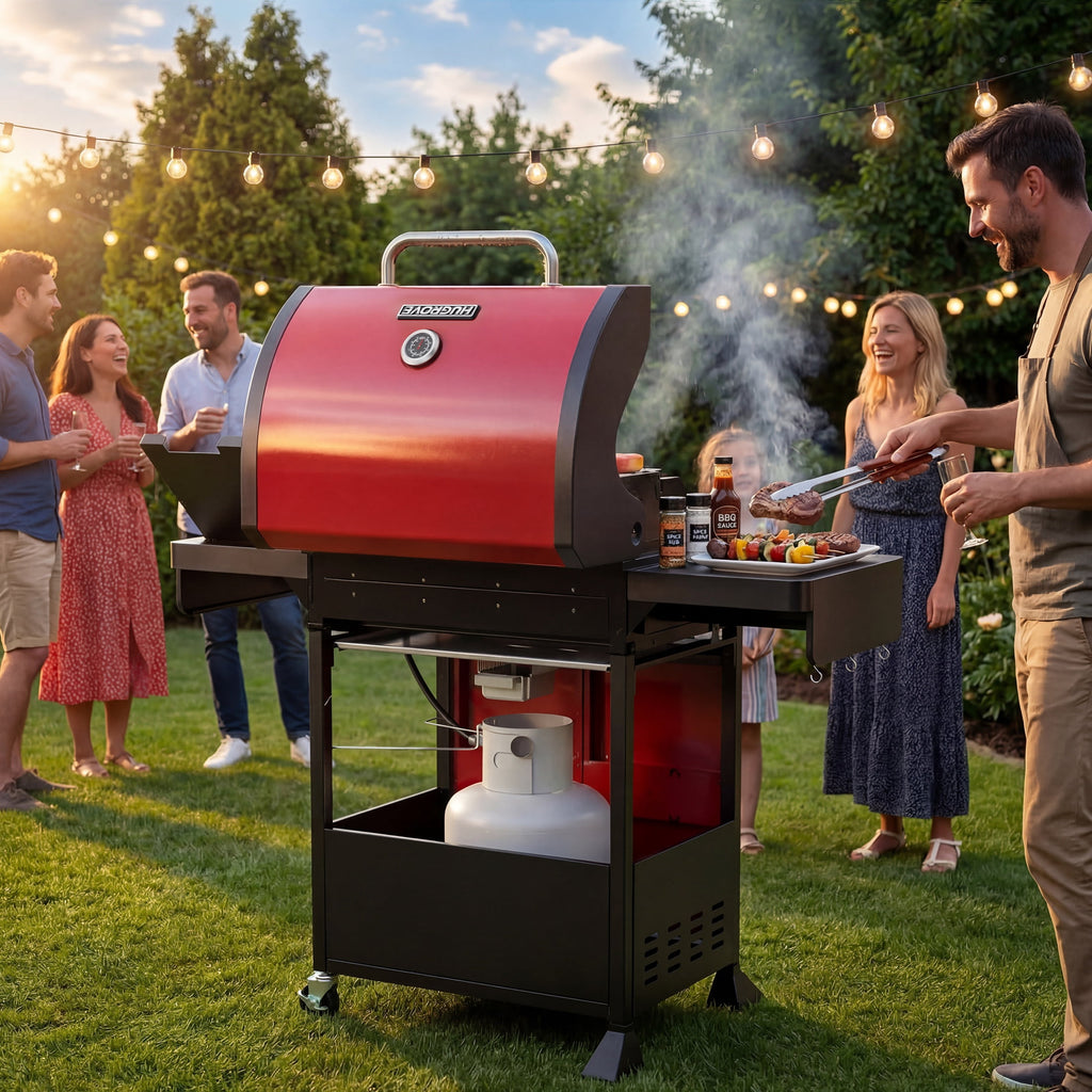 4-Burner Gas Grill with Side Burner, 51,000 BTU, HUGROVE  BBQ Grill with Porcelain-Enameled Lid,Cast Iron Grates, Propane Grills Outdoor Cooking, Red Gas Grills