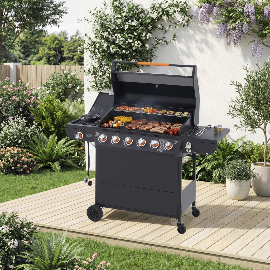 Noble House Professional 6-Burner Propane Gas Grill with Side Burner, Steel BBQ Grill with Cast Metal Grates, Black Noble House
