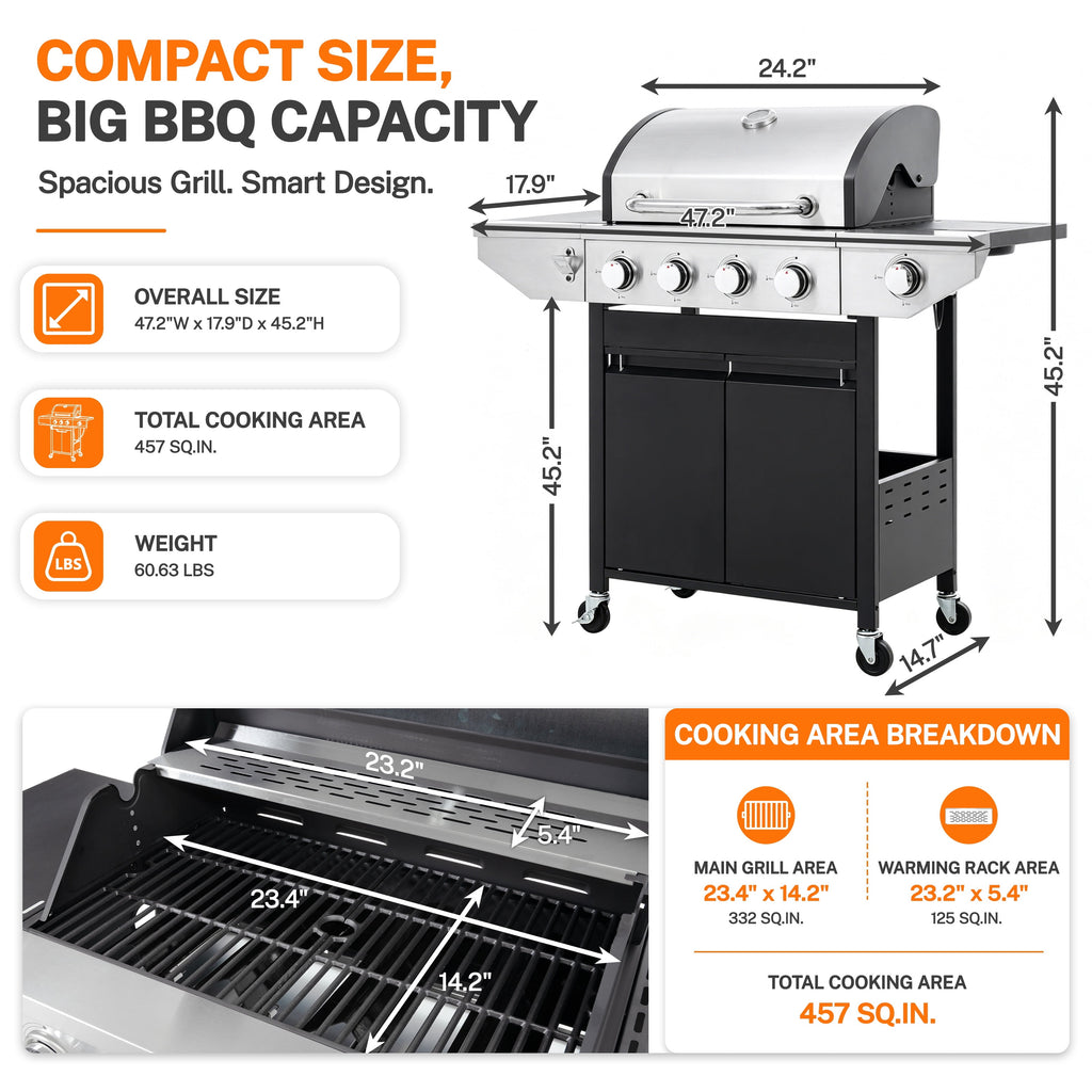 SEGMART 4 Burner Propane Gas Grill with Side Burner, 46,500 BTU Outdoor Cooking BBQ Grill with Porcelain-Enameled Cast Iron Grates, Equipped with Temperature, Tool Hooks, and Bottle Opener Gas Grills