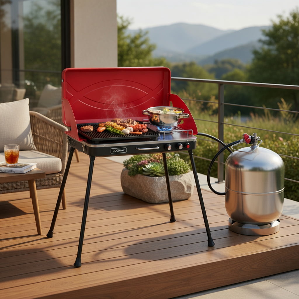 Resenkos Outdoor Barbecues Grill,2-in-1 Gas Camping Grill and Stove with 4 Detachable Legs-Red Resenkos