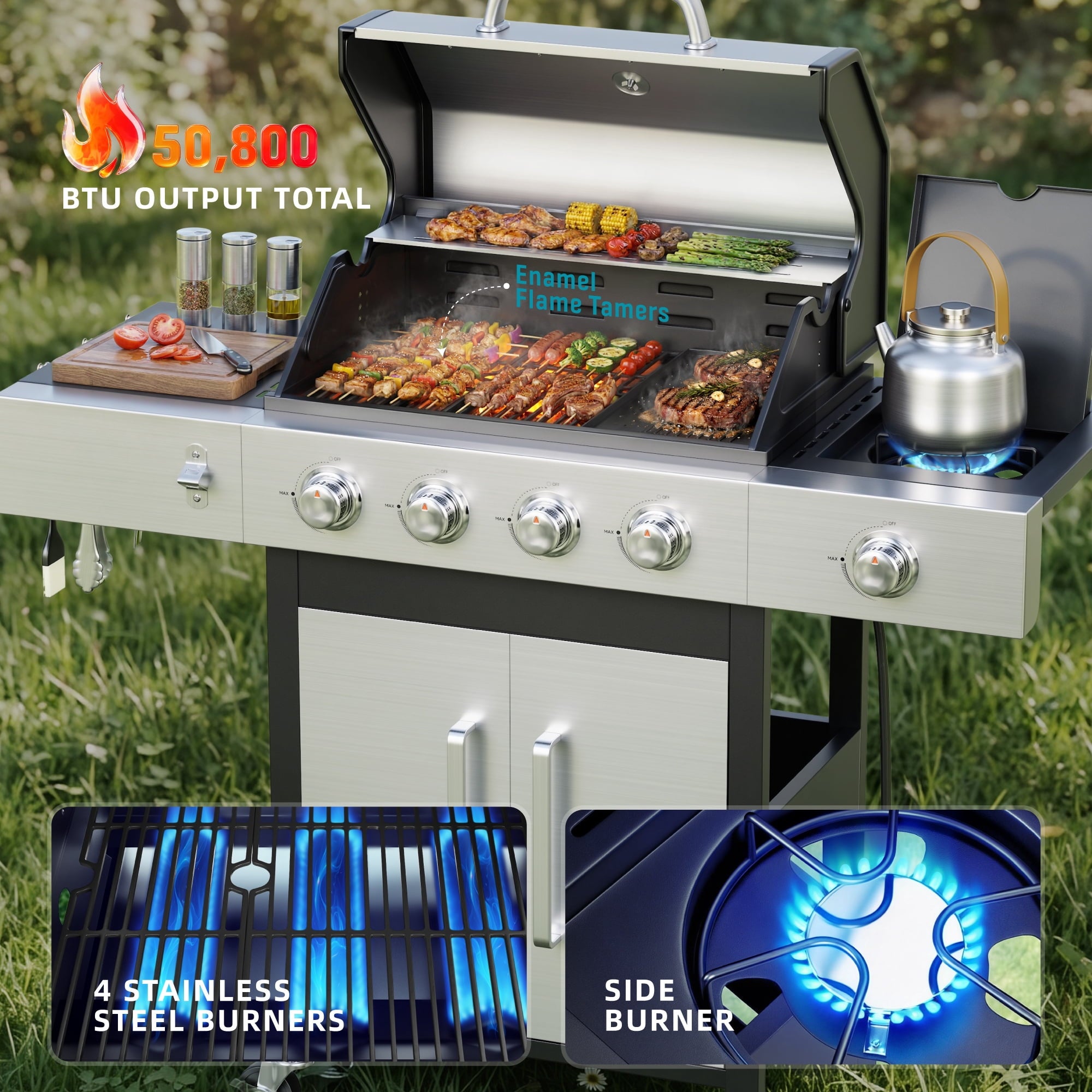 Biotree 4 Burner Gas Grill with Side Burner, 50800 BTU Barbecue Grill Propane Stainless Steel BBQ Grill with Porcelain-Enameled Cast Iron Grates for Outdoor Cooking Gas Grills