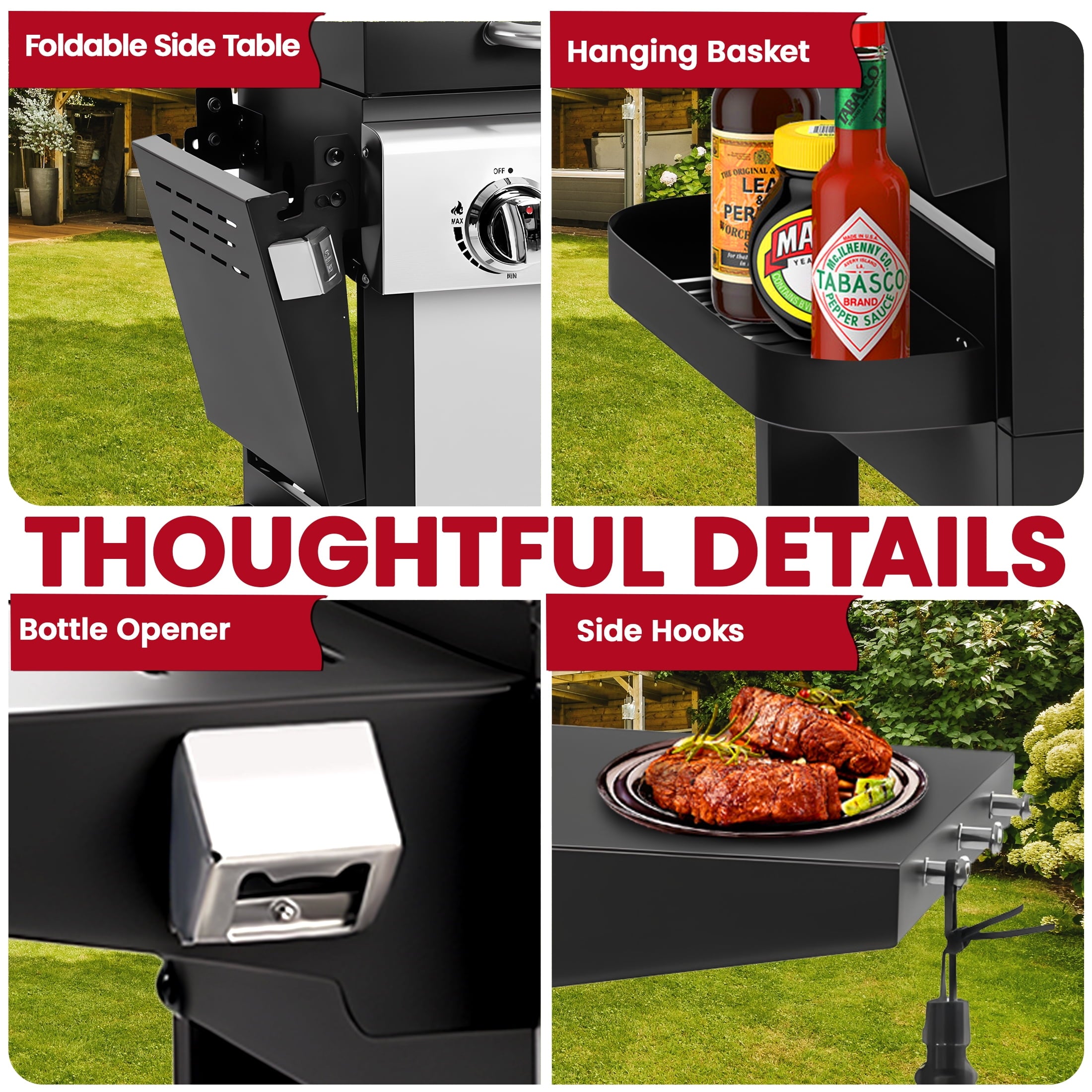 Enyopro 3-Burner Propane Gas Grill, 30000 BTU BBQ Grill with Foldable Side Table, Stainless Steel Warming Rack, Hooks, and Built-In Bottle Opener for Outdoor Barbecue Gas Grills
