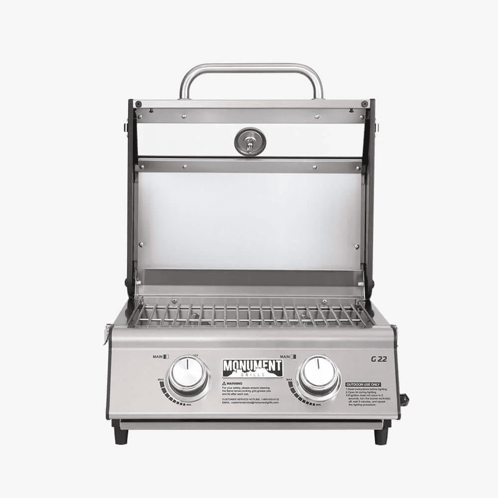 Monument Grills Portable 2-Burner Tabletop Propane Gas Grill with Locking Clearview Lid, Stainless Steel Monument Grills