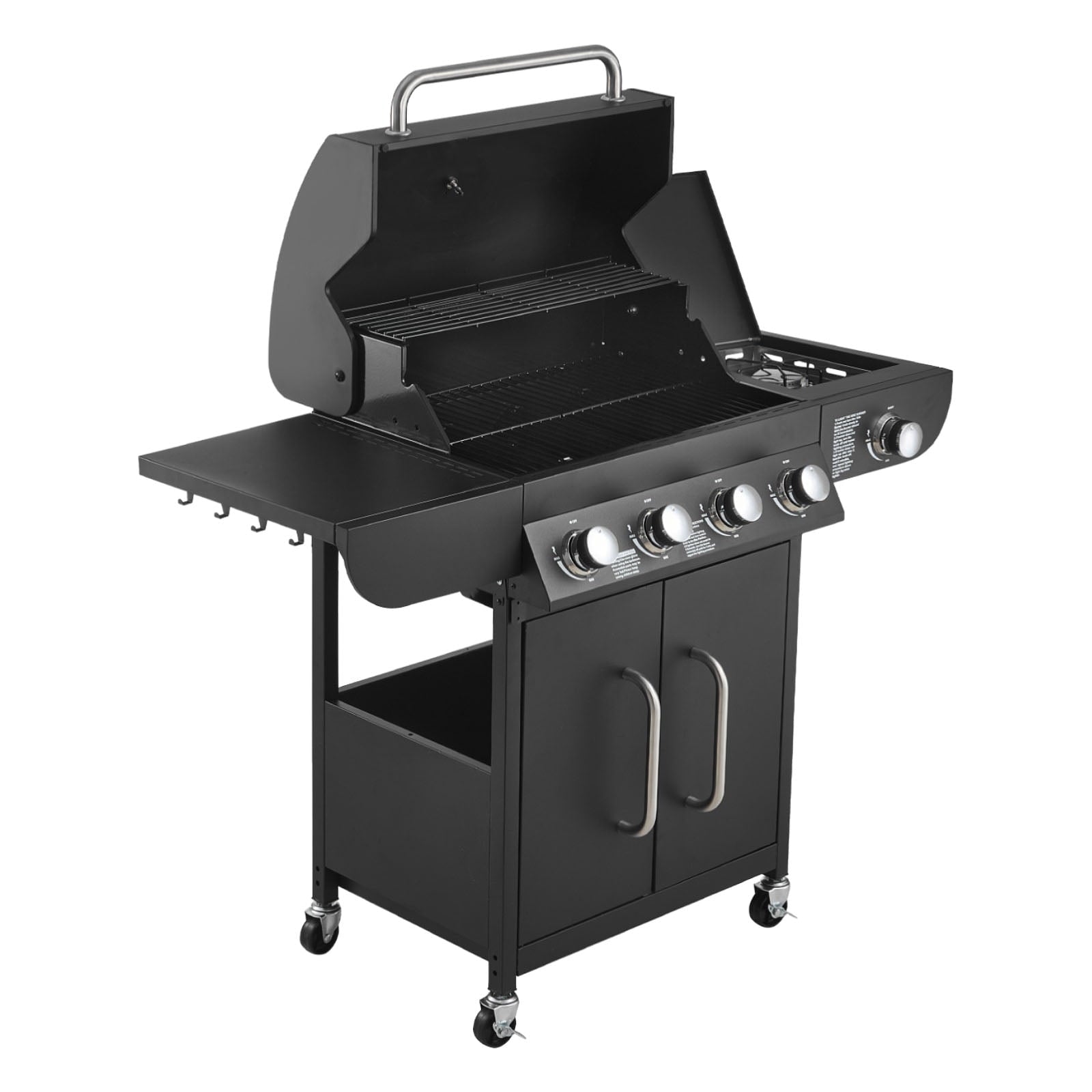 KFFKFF 4-Burner Propane Gas Grill with Side Burner, 425 SQ.In Cooking Surface, Carbon Steel Enamel Grates, Outdoor 52,000 BTU BBQ Grill with Dual Side Shelves, Durable Carbon Steel Construction KFFKFF
