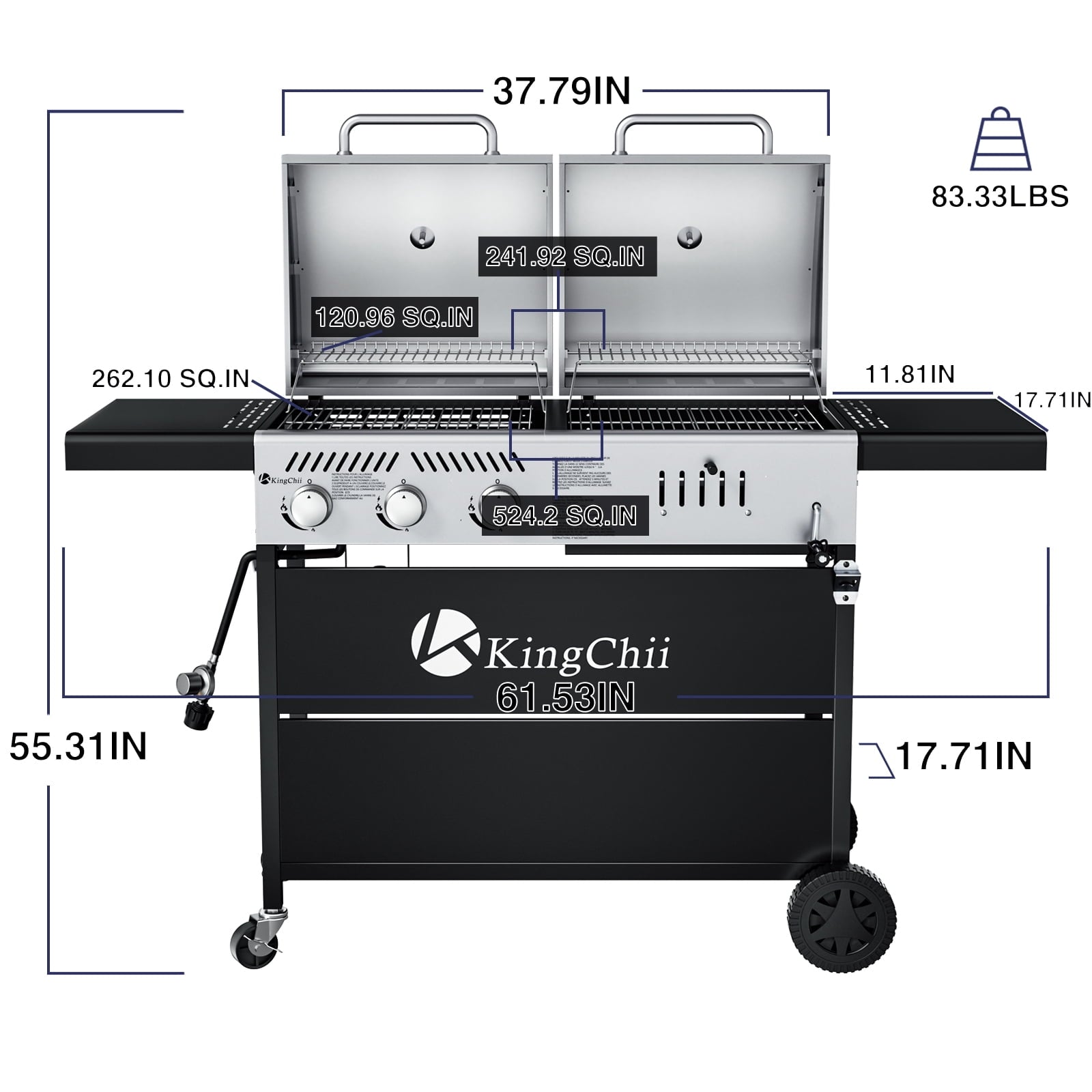 KingChii Gas and Charcoal Grill Combo, Dual Fuel 3-burner BBQ Grill Smoker with Side Burner for Outdoor Patio Cooking Barbecue Gas Grills