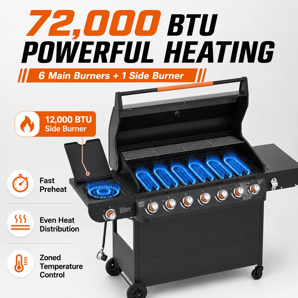 Seizeen 72,000 BTU Powerful Gas Grill, 6-Burner Propane BBQ Grill with Side Burner, w/Cast Iron Grates, Warming Rack, Thermometer Seizeen