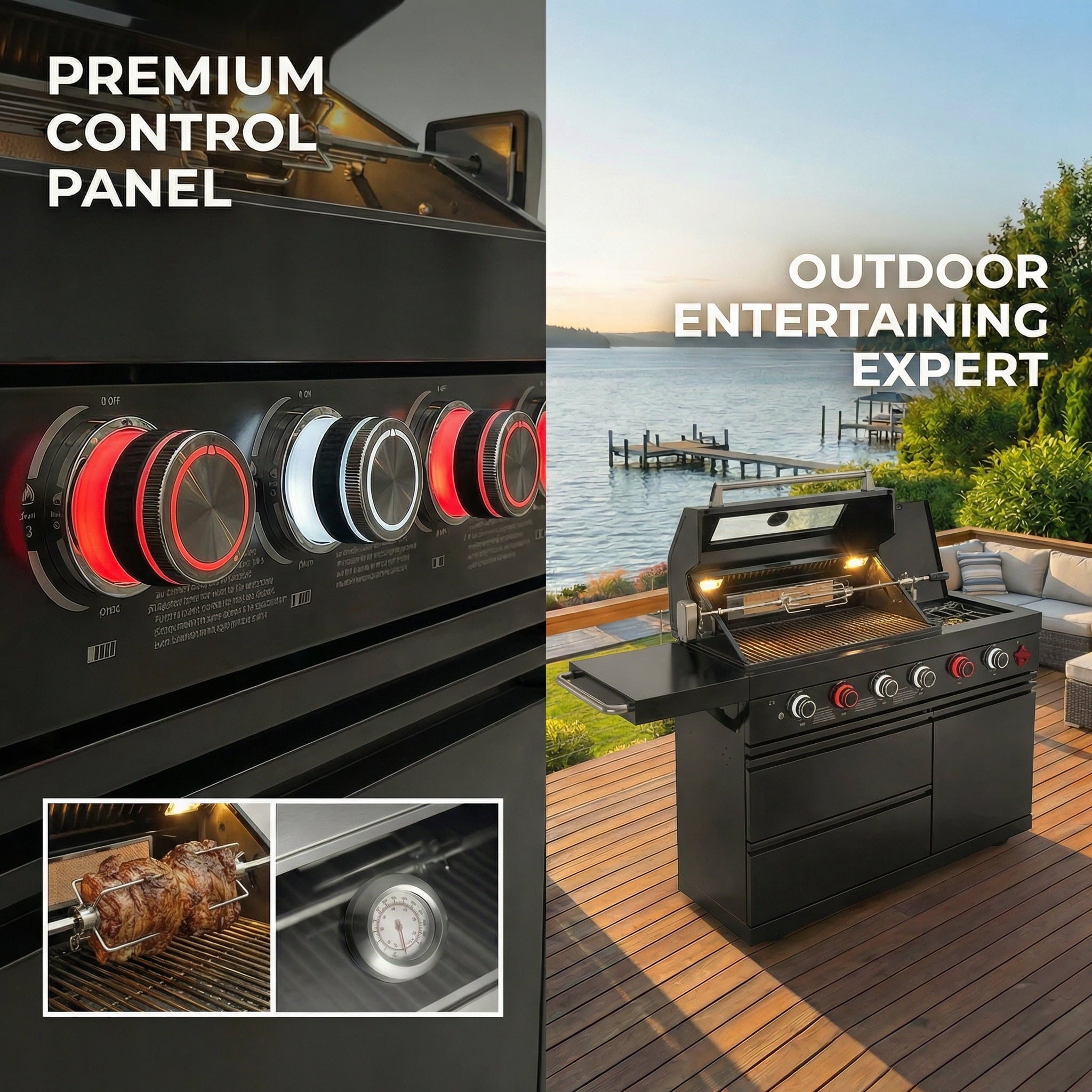 46-Inch Outdoor Kitchen Island Grill, 6-Burner 75,300 BTU Stainless Steel BBQ with Rotisserie Kit, Granite Countertops, Storage Cabinets & Wheels, Propane/Natural Gas Convertible, Black Chery Industrial