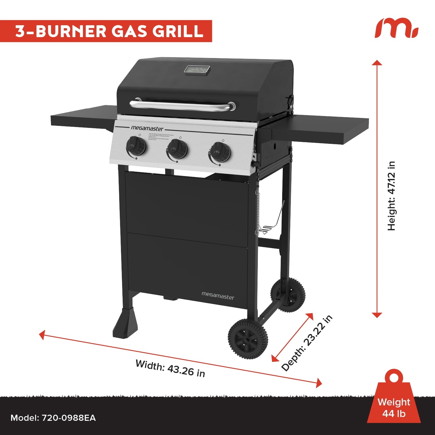 Megamaster 3-Burner Propane Gas Grill with Folding Side Tables, 30,000BTUs, 429.81 sq. in. Cooking Space, Stainless Steel Control Panel, Outdoor Kitchen Grill for BBQs, Patios, and More - 720-0988EA Megamaster