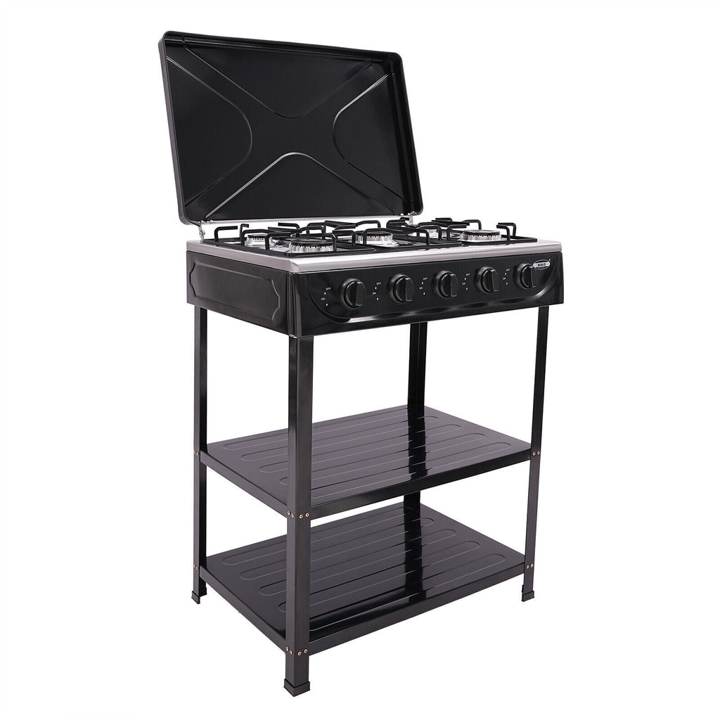 5-Burner Gas Stove Outdoor Camping Cooking BBQ Grill with 2-Tier Storage Rack Unbranded