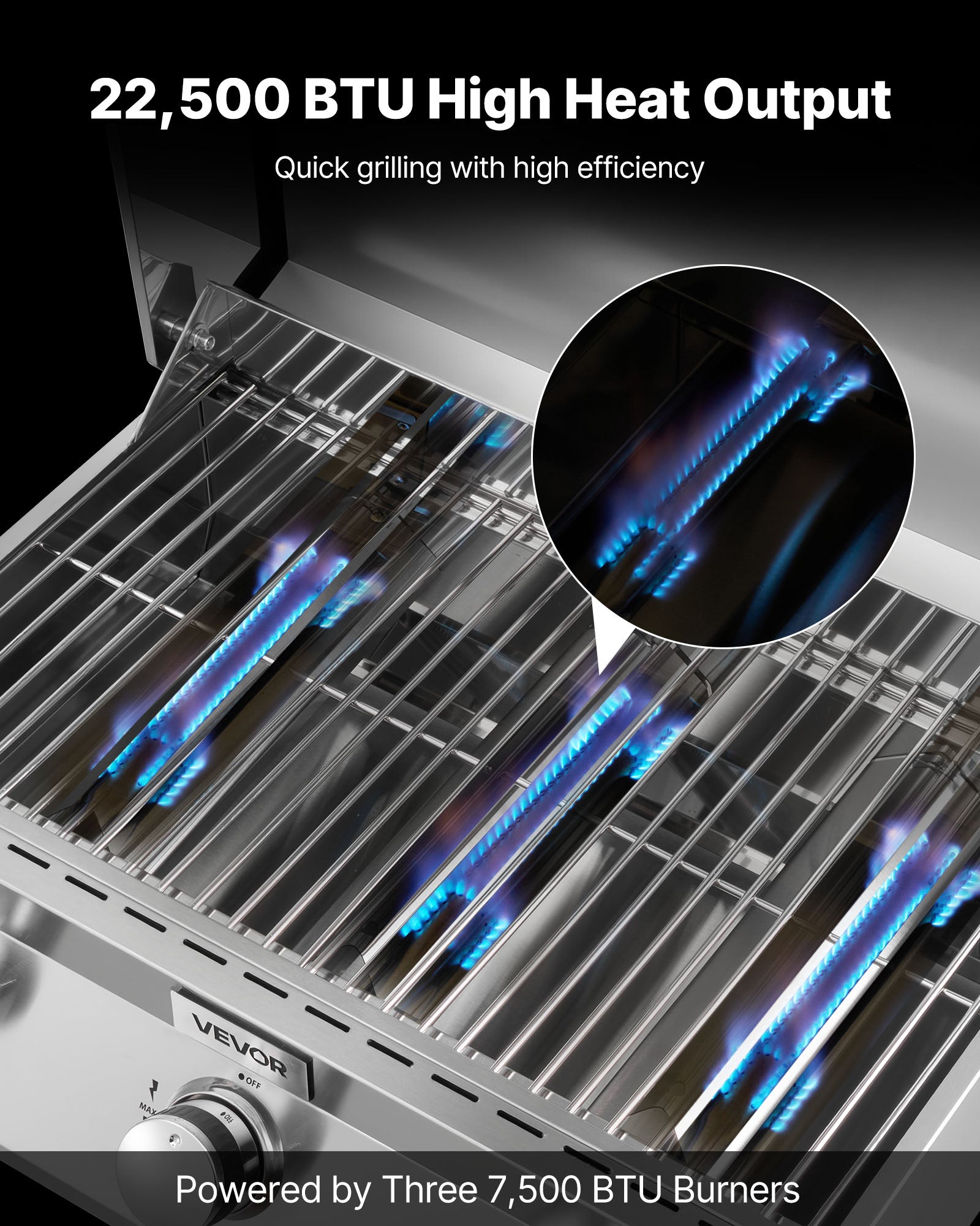 VEVOR Tabletop Gas Grill, 3-Burner Stainless Steel Portable Propane Grill, with Built-in Thermometer, Travel Locks, Weatherproof Lid, 22,500 BTU Total, for Outdoor Cooking,Patio,Party,Camping,RV VEVOR