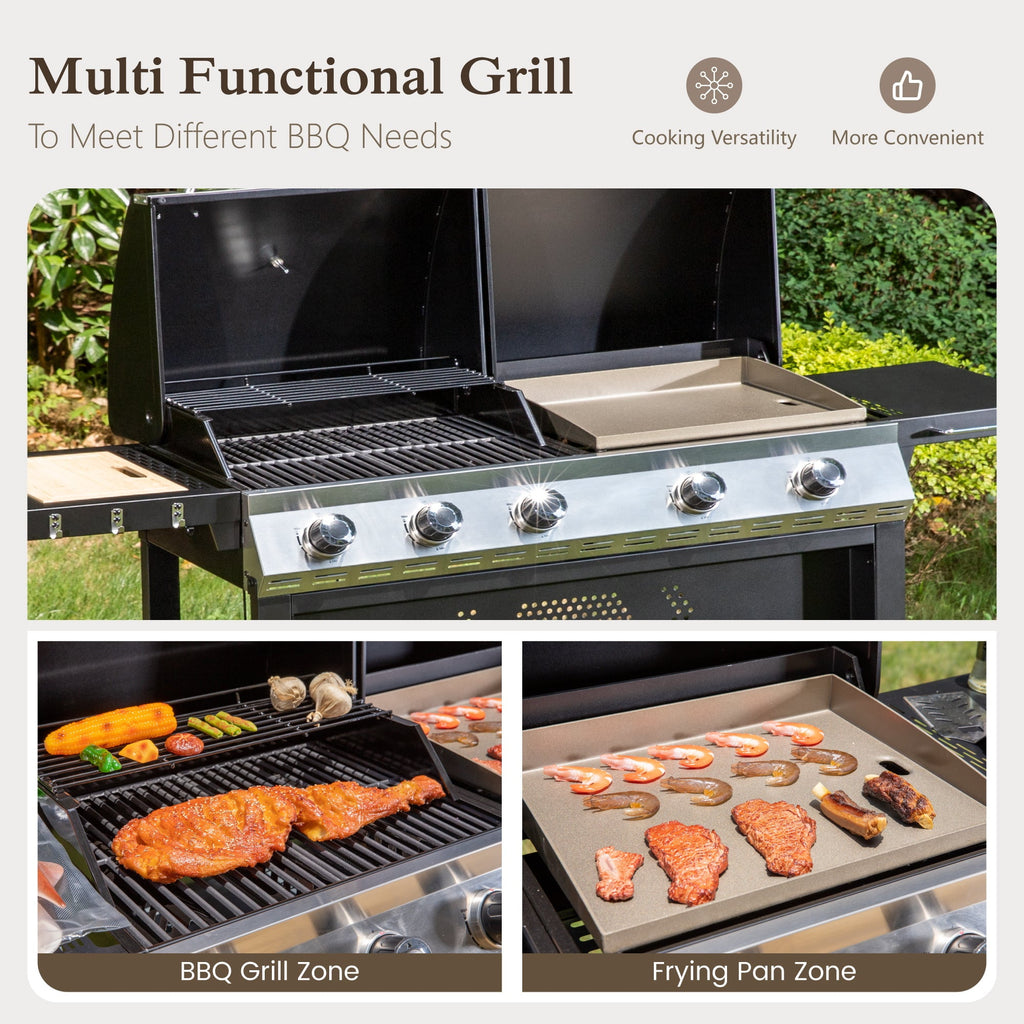 Alpha Joy 5-Burner Propane Gas Grill and Griddle Combo with Lids Total 54,000 BTU Alpha Joy