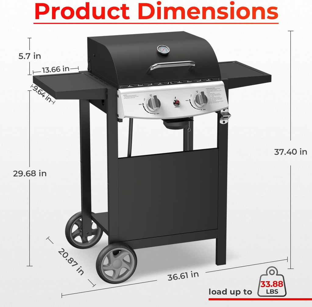 FREE VILLAGE 2-Burner Propane Gas BBQ Grill,20000 BTU Stainless Steel Barbeque Grill with Side Shelves and Wheels,Portable Outdoor Grill for Patio,Backyard,Garden,Camping Cooking Gas Grills