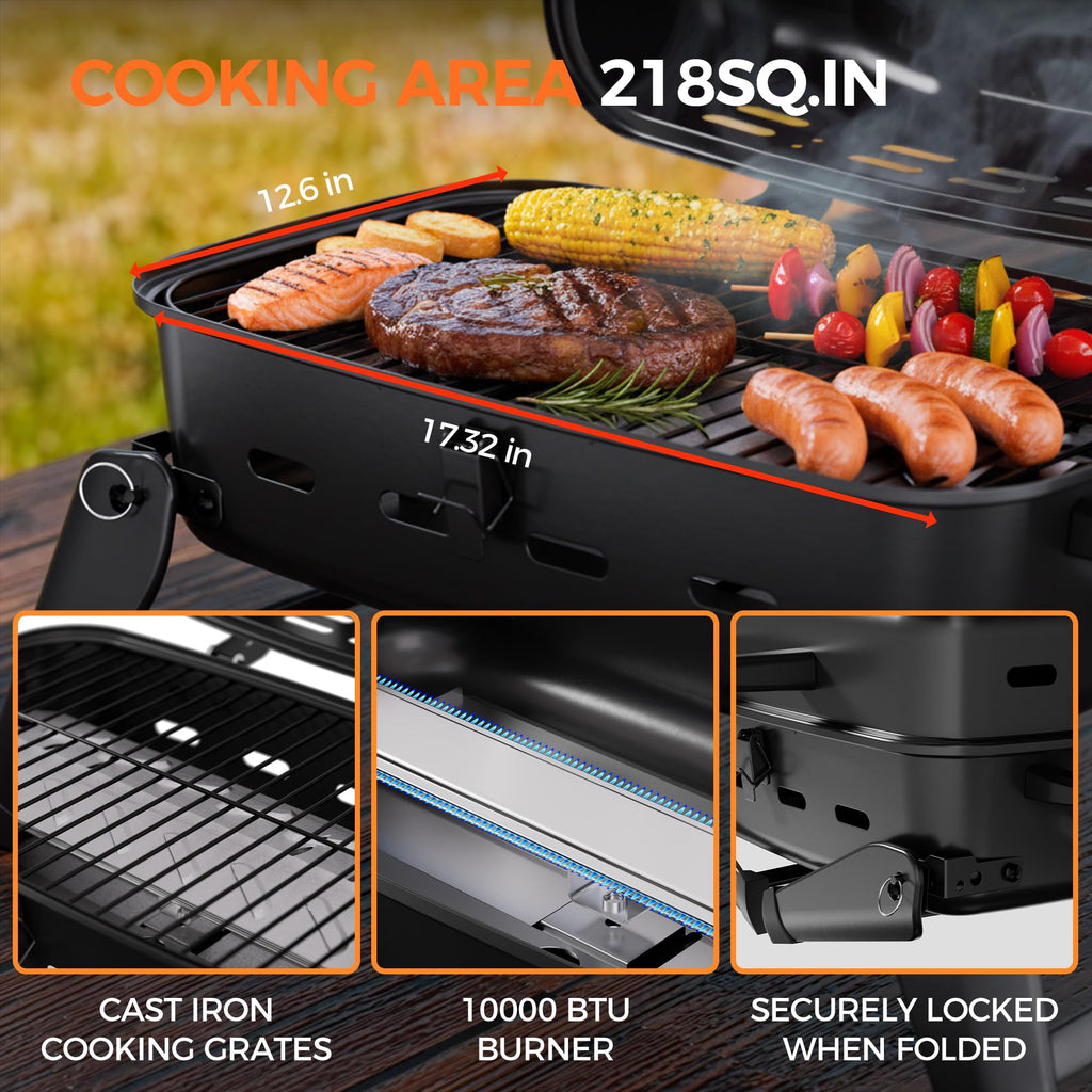 MASTER COOK Portable Gas Grill, 10,000 BTU Outdoor Tabletop BBQ Propane Grill with Foldable Legs for  RV, Camping Master Cook
