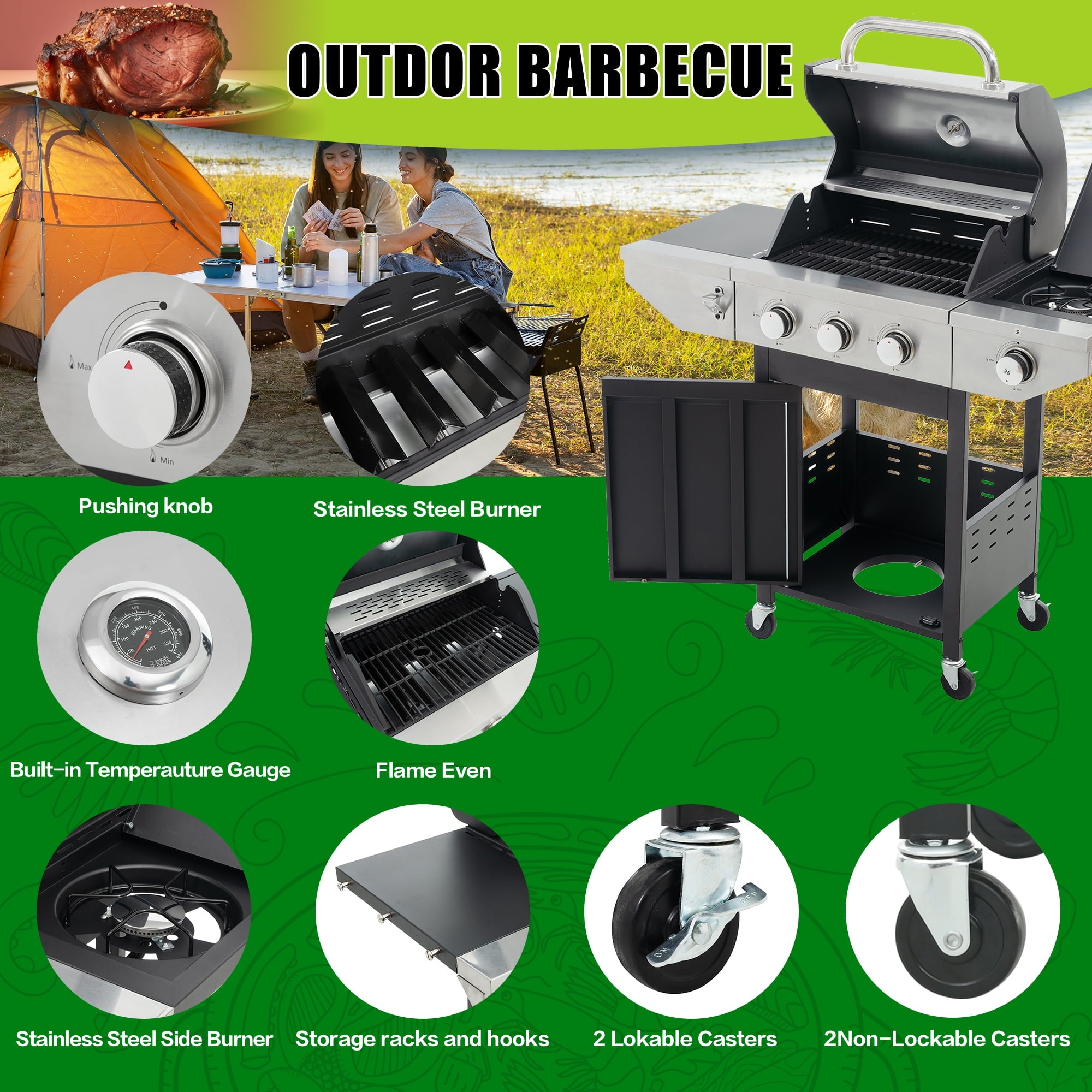 Enyopro 3 Burner Gas Grill , 37000 BTU Stainless Steel Propane Gas Grill with Side Burner, Outdoor BBQ Grill with Side Table and Thermometer, for Outdoor Camping BBQ Gas Grills