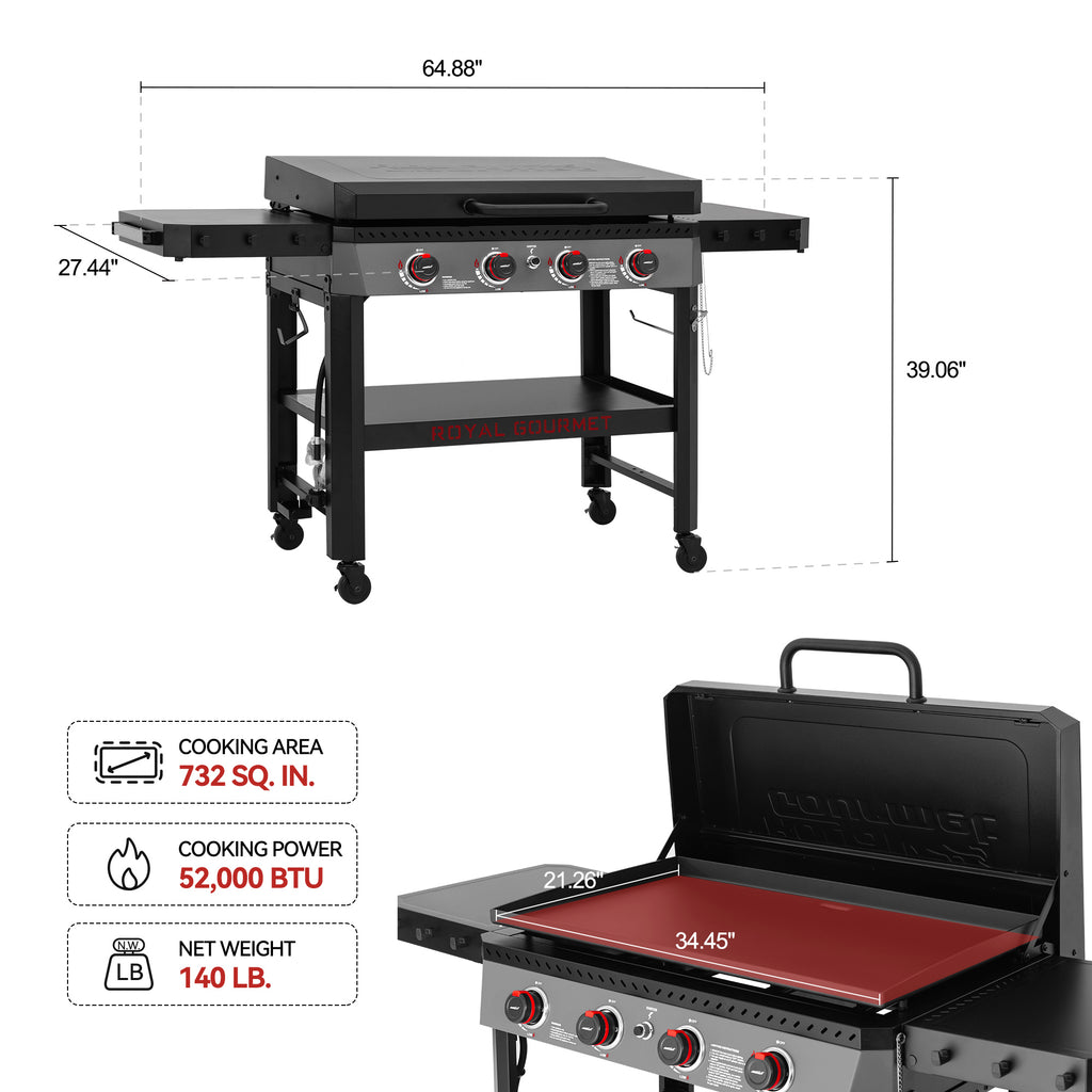 Royal Gourmet GB4005P 34-Inch 4-Burner Gas Griddle with Hood, Griddle with Collapsible Side Shelves and Storage Basket,Black Royal Gourmet
