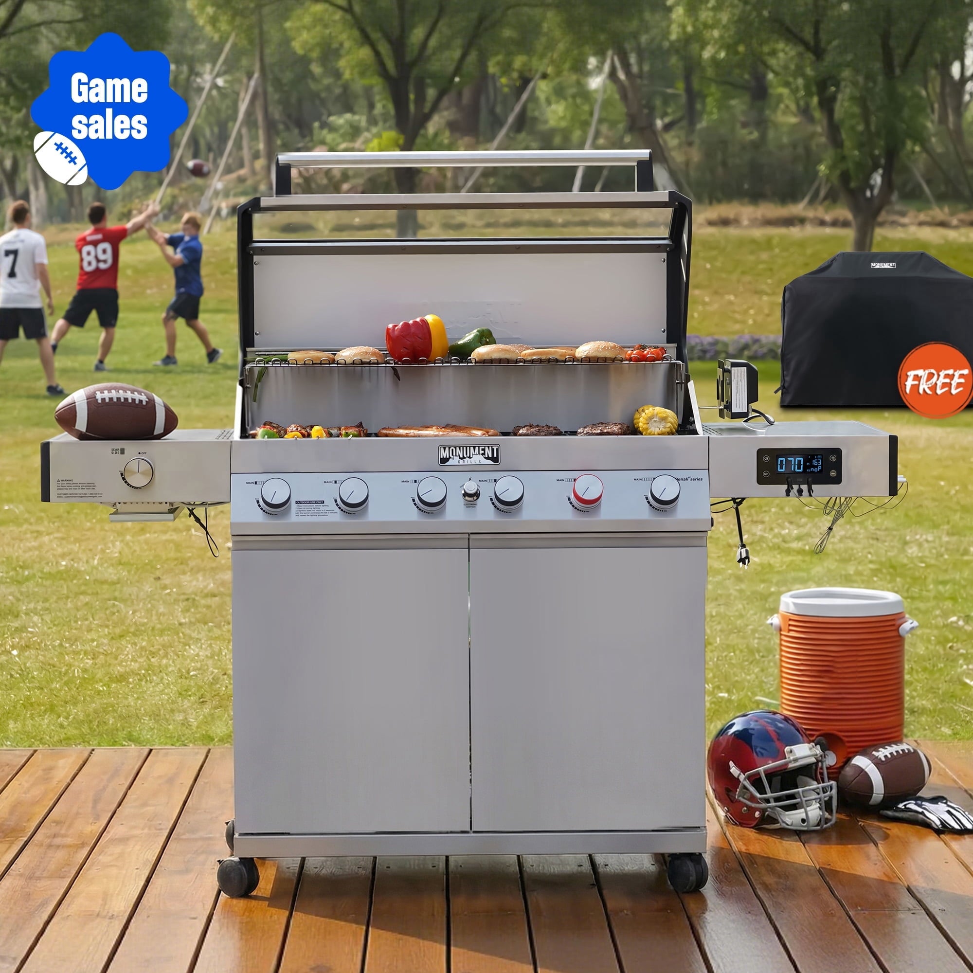 Monument Grills 6+1 Burner Smart Tech Propane Gas Grill for Outdoor Cooking , Denali 605Pro Stainless Steel Grill 78,000 BTU with Side Sear Burner, Smoker Box, Cover and Rotisserie Kit My Store