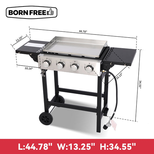 4-Burner Flat Top Gas Grill with Stainless Steel Griddle, Includes Cover & Regulator - Perfect for Camping, Tailgating, Backyards Born Free