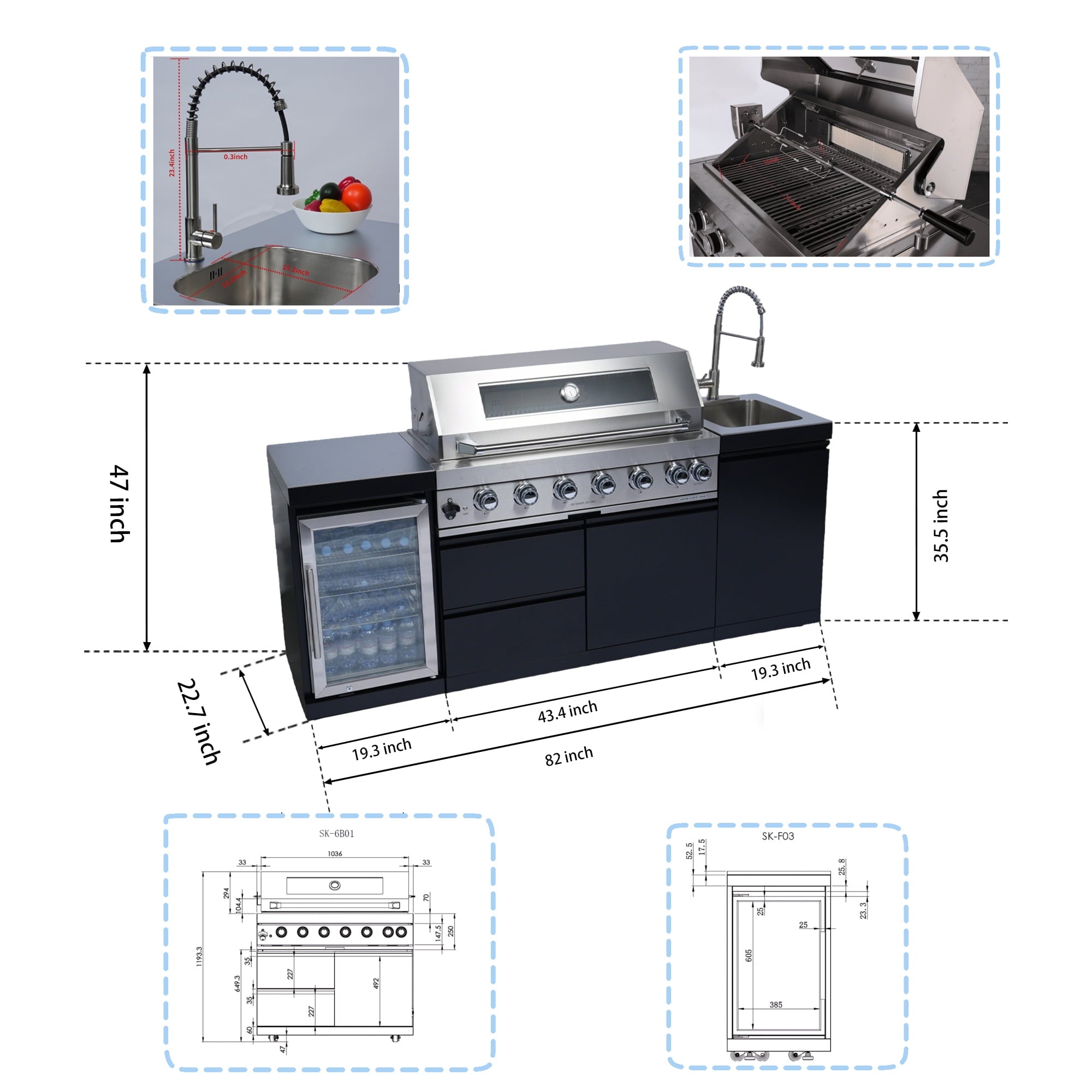 82Inch 6-Burner 85000 BTU Deluxe Stainless Steel Gas Outdoor Kitchen Bar Barbecue Island Grill  + Wine Cooler Compact Refrigerator + Rotisserie + Stainless Steel Countert + Storage Cabinets & Drawers My Store