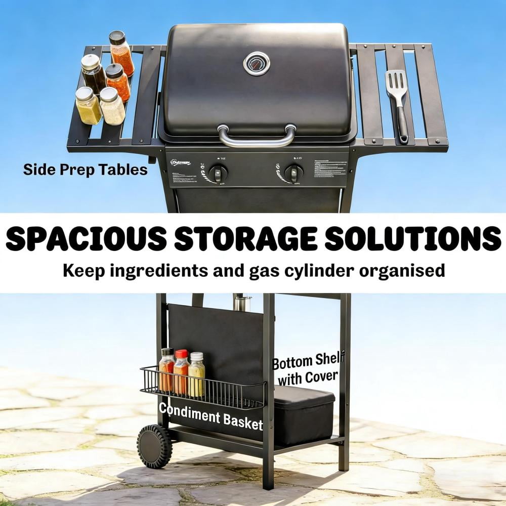 2 Burner 18000 BTU Propane Gas Grill Freestanding Outdoor BBQ Grill Dual?Zone Flat Top Grill with Warming Rack Side Tables for Backyard Patio Garden Family Outdoor Cooking Cozynest