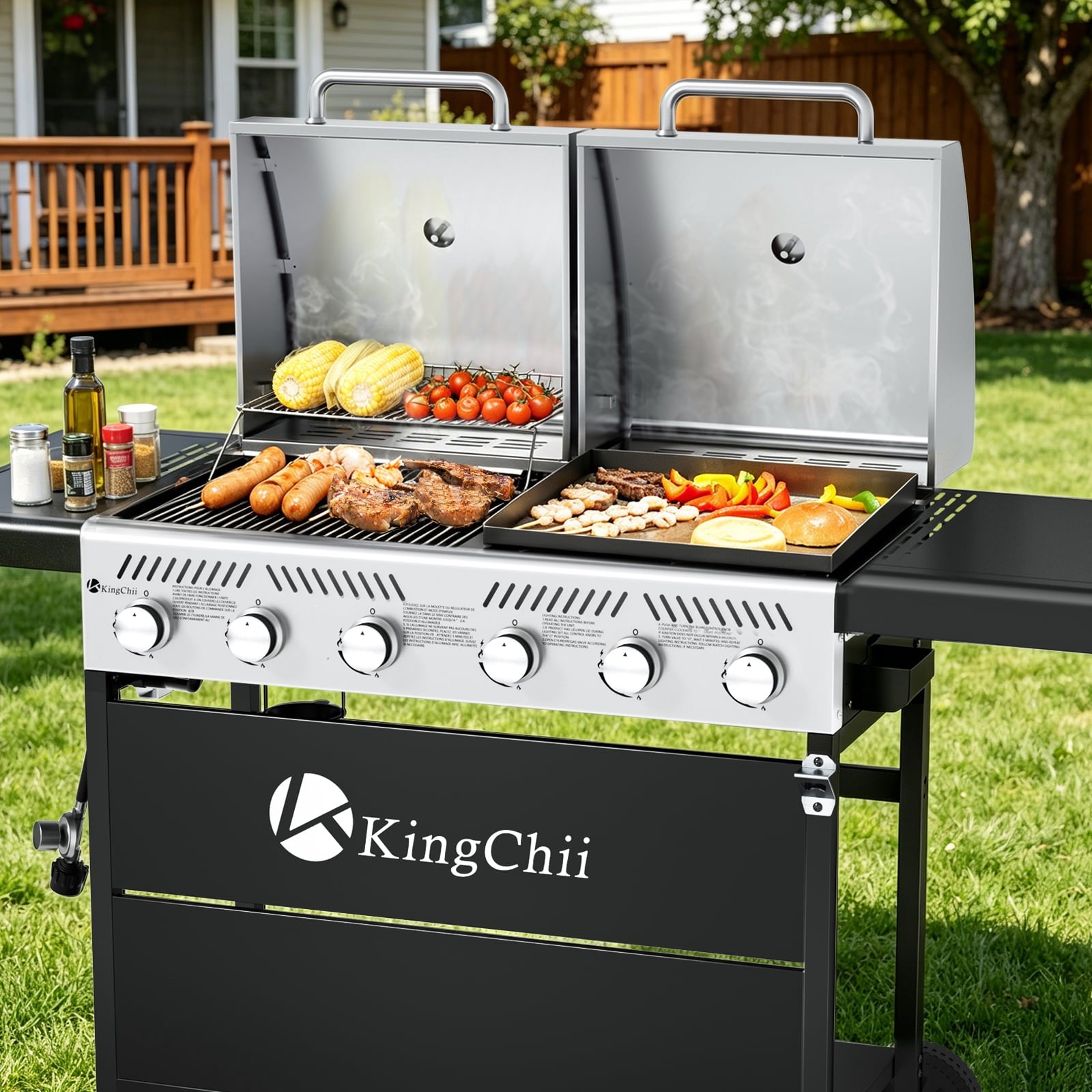 KingChii Propane Gas Grill and Griddle Combo, 2 in 1 Dual Outdoor BBQ with 45,000 BTU for Outdoor Patio Cooking Barbecue Gas Grills