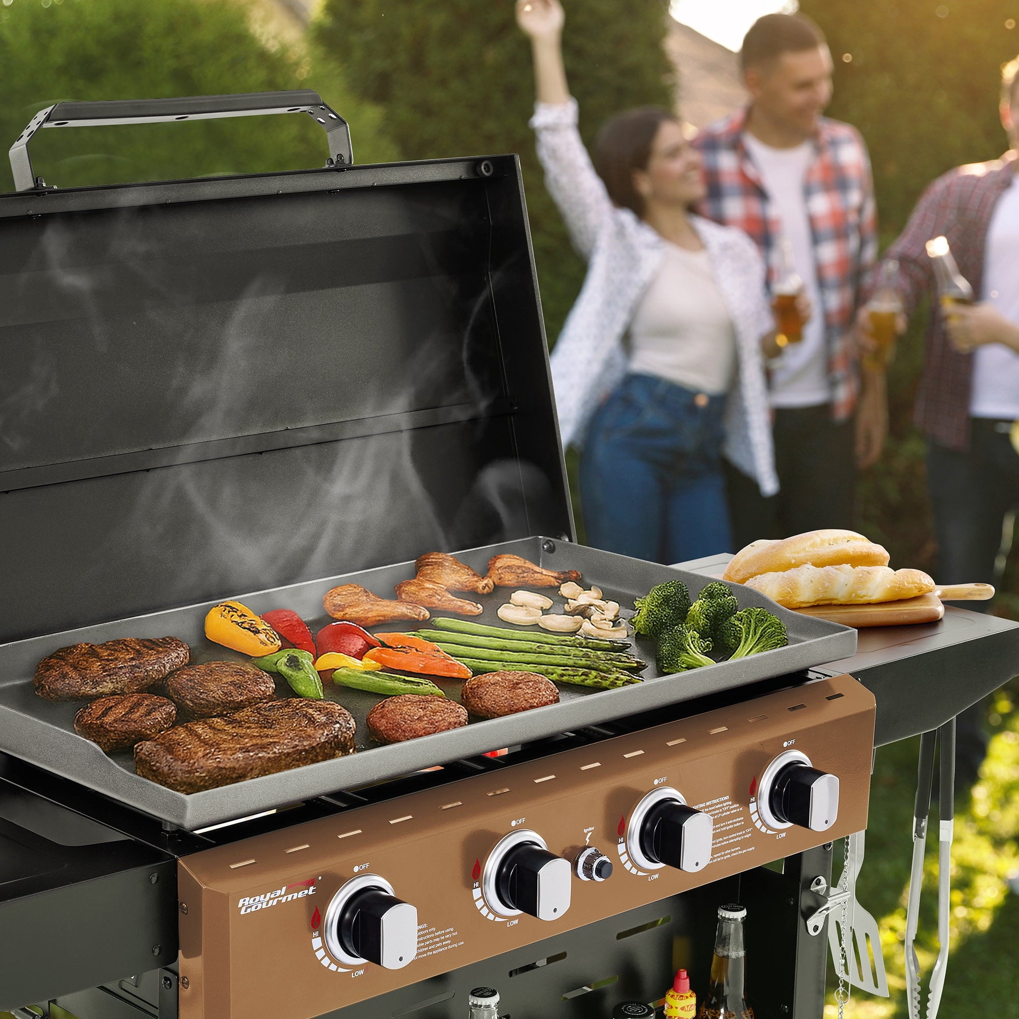Royal Gourmet GB4000PY 4-Burner Gas Griddle with Hood, Griddle with Collapsible Side Shelves,Perfect for Outdoor Cooking Royal Gourmet