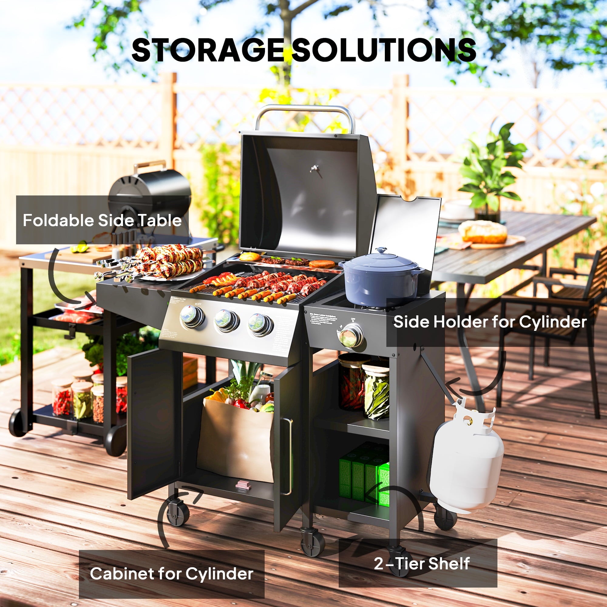 Outsunny 3 Burner Gas Grill with Side Burner, 9.5 KW Output, 310 Sq. in. Cooking Area, Cabinet Style Propane BBQ Grill with Shelves, Black Outsunny