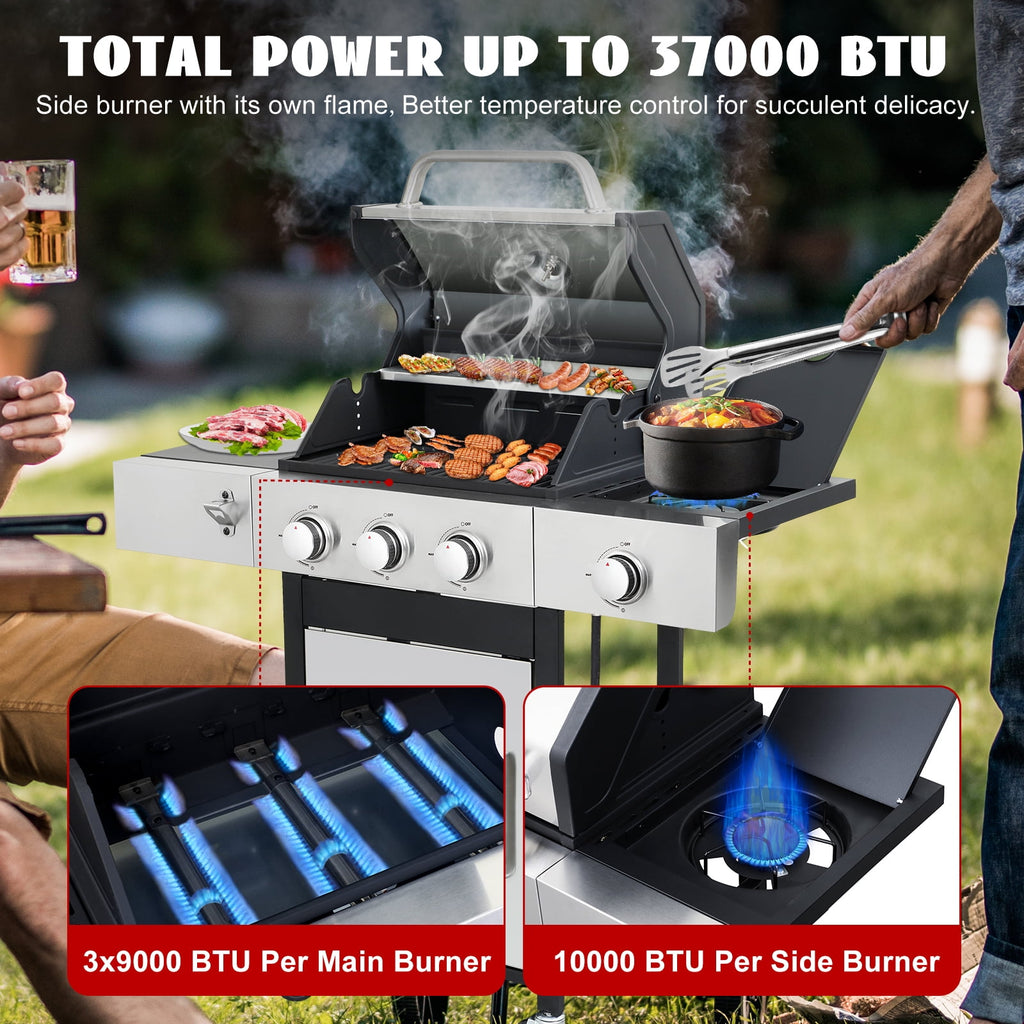 Nice Cooker 3-Burner Propane Gas Grill with Side Burner, Cast Iron Grates, Double Layer Lid Gas Grills