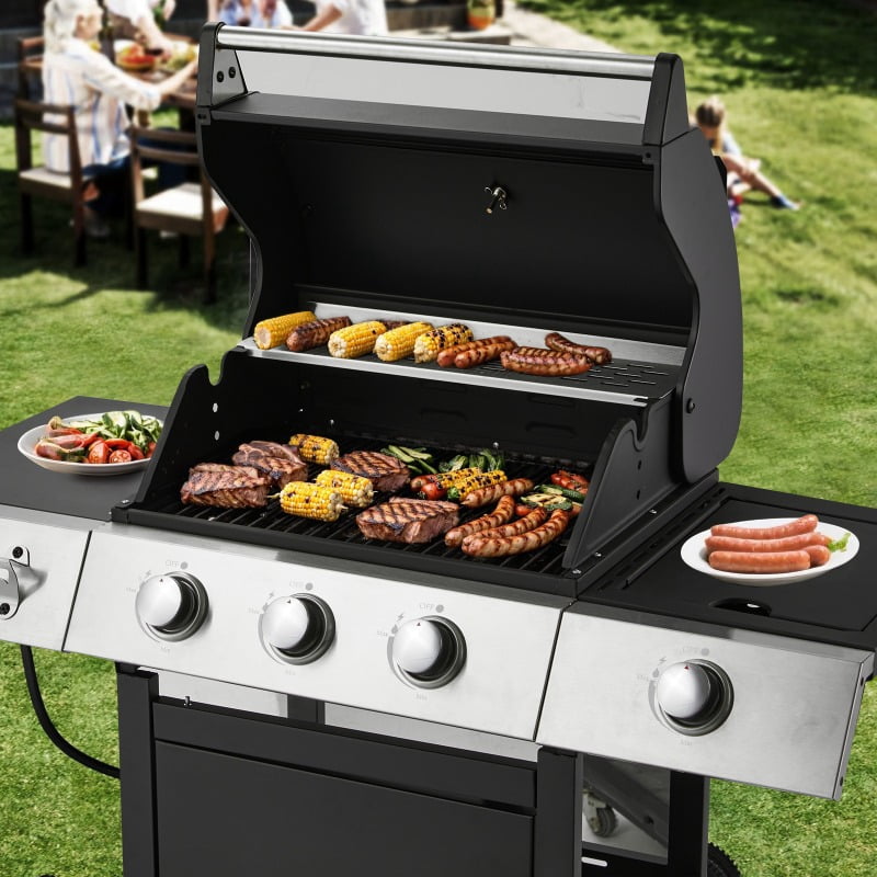 43.3x43.3 Large Cooking Area 3-Burner Grill - Side Burner, Cast Iron Grates, 36, 000 BTU Output, Lockable Wheels, Black Camping Grill for Outdoor Barbeque U-HOMY