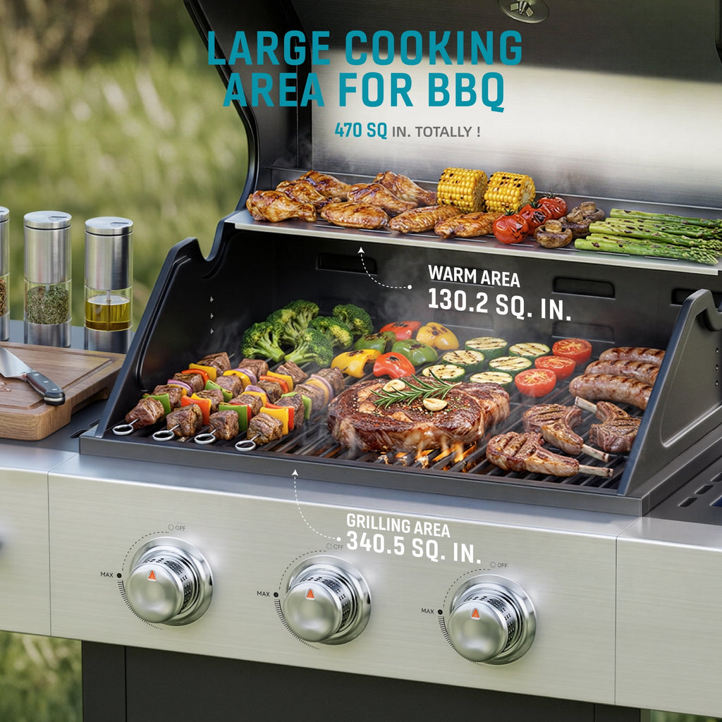Biotree 3 Burner Gas Grill with Side Burner,40800 BTU Barbecue Grill Propane Stainless Steel BBQ Grill with Porcelain-Enameled Cast Iron Grates for Outdoor Cooking Gas Grills