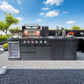 AirWire 104 Deluxe Outdoor Kitchen Island: 4-Burner 85,000 BTU 304 Stainless Steel Gas Grill with Sink, Wine Cooler Refrigerator, Granite Countertop & Rotisserie Kit HomeMindful