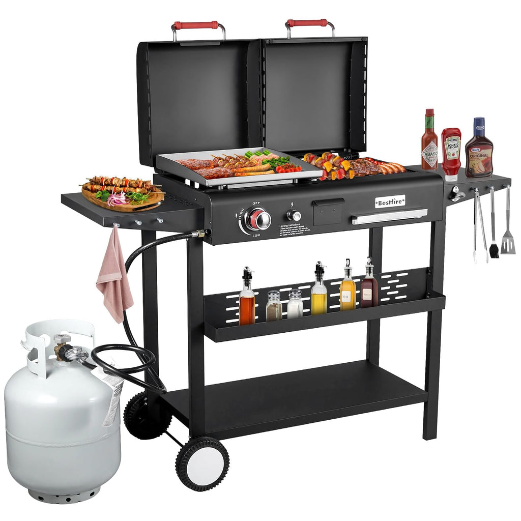 Bestfire Double Fuel Propane Gas Charcoal Grill Combo Black Dual Lids, 2 Side Shelves for Outdoor and Backyard Cooking Gas Grills