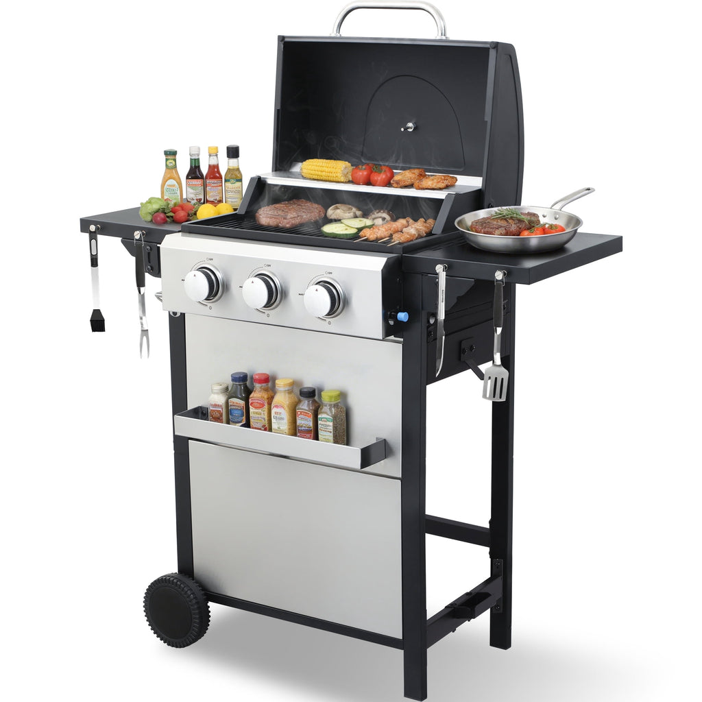 CIG GARDEN 3-Burner Propane Gas Grill with Folding Side Tables, Full-Size Grease Tray, and Removable Grease Cup CIG GARDEN