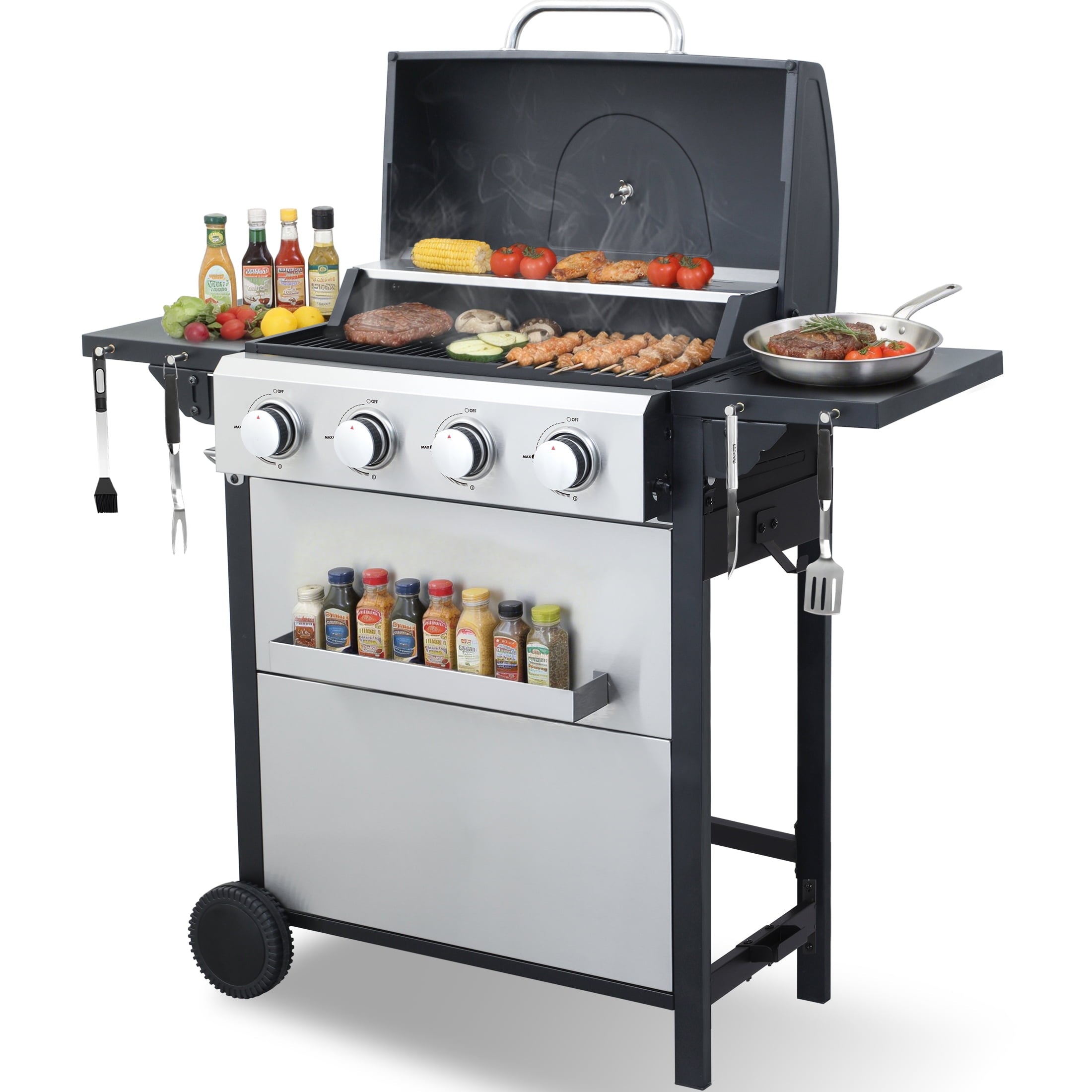 CIG GARDEN 4-Burner Propane Gas Grill with Folding Side Tables, Full-Size Grease Tray, and Removable Grease Cup CIG GARDEN