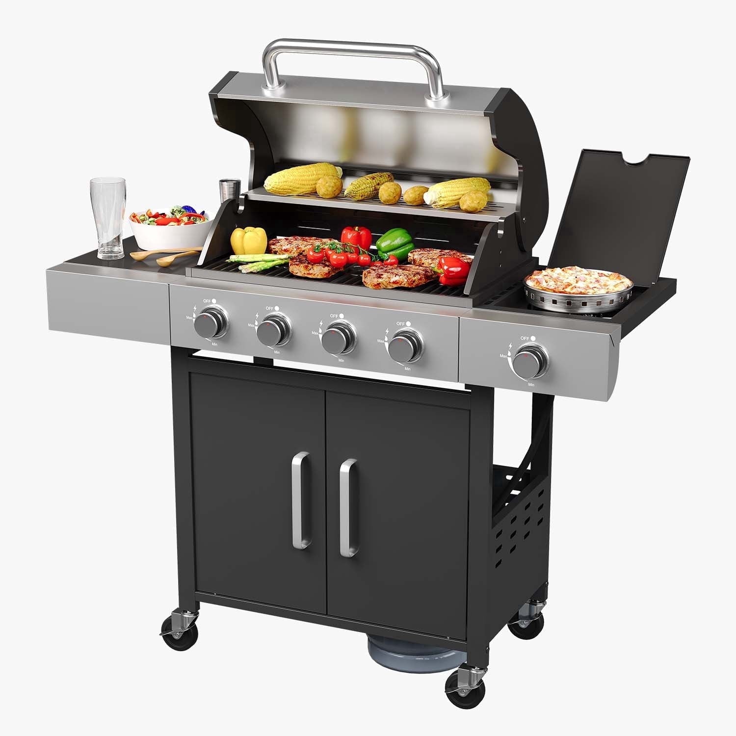 Clouddwell 4 Burner Gas Propane Grill, with 4 Casters, Side Table, and Thermometer, Patio Garden BBQ Grill Perfect for Camping, Black and Silver Gas Grills