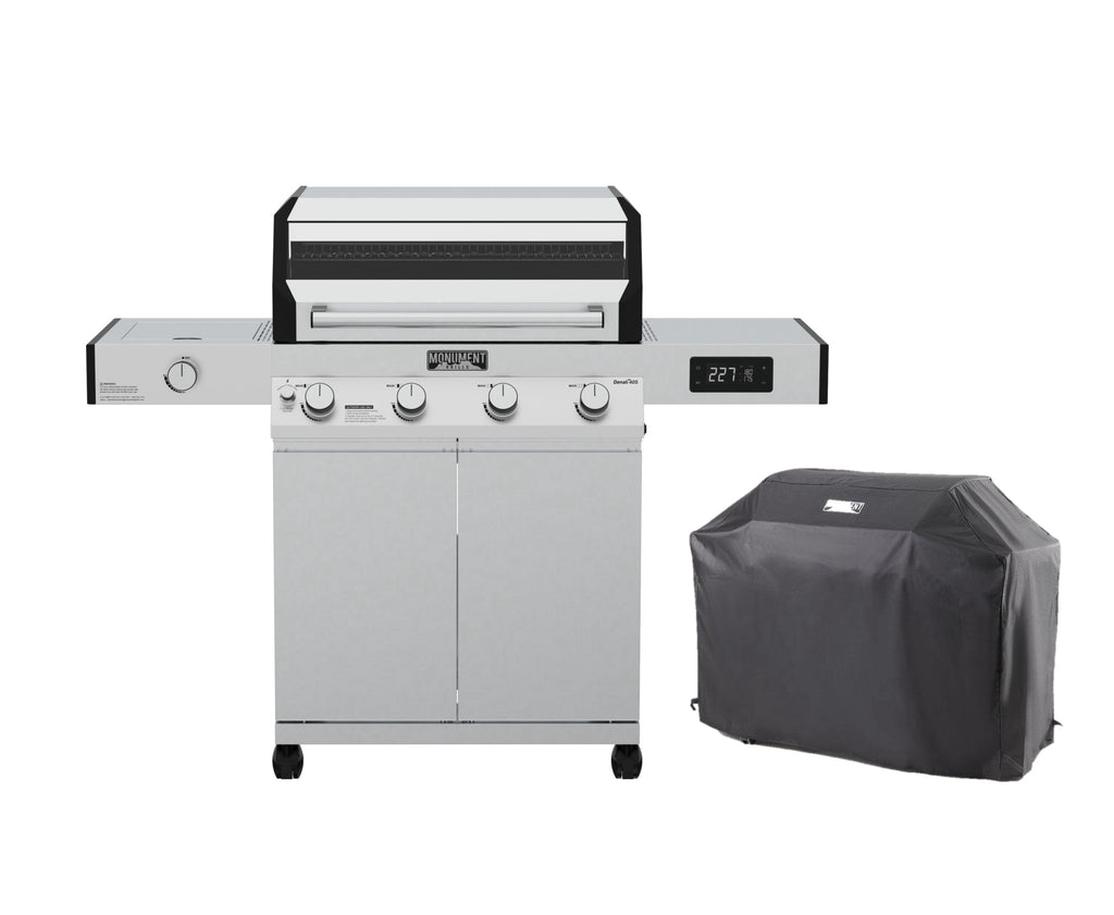 Denali 4-Burner Propane Gas Grill in Stainless with Clearview Lid, 3-Phase LED Controls, Grill Cover, and Side Burner Monument Grills