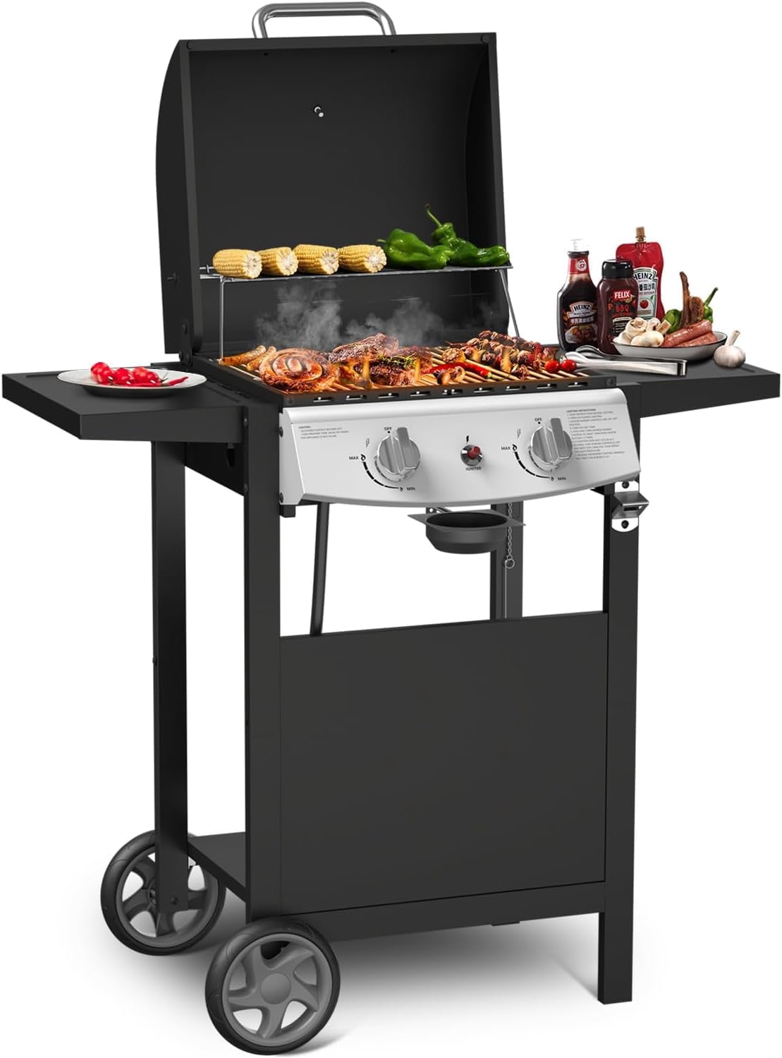 FREE VILLAGE 2-Burner Propane Gas BBQ Grill,20000 BTU Stainless Steel Barbeque Grill with Side Shelves and Wheels,Portable Outdoor Grill for Patio,Backyard,Garden,Camping Cooking Gas Grills