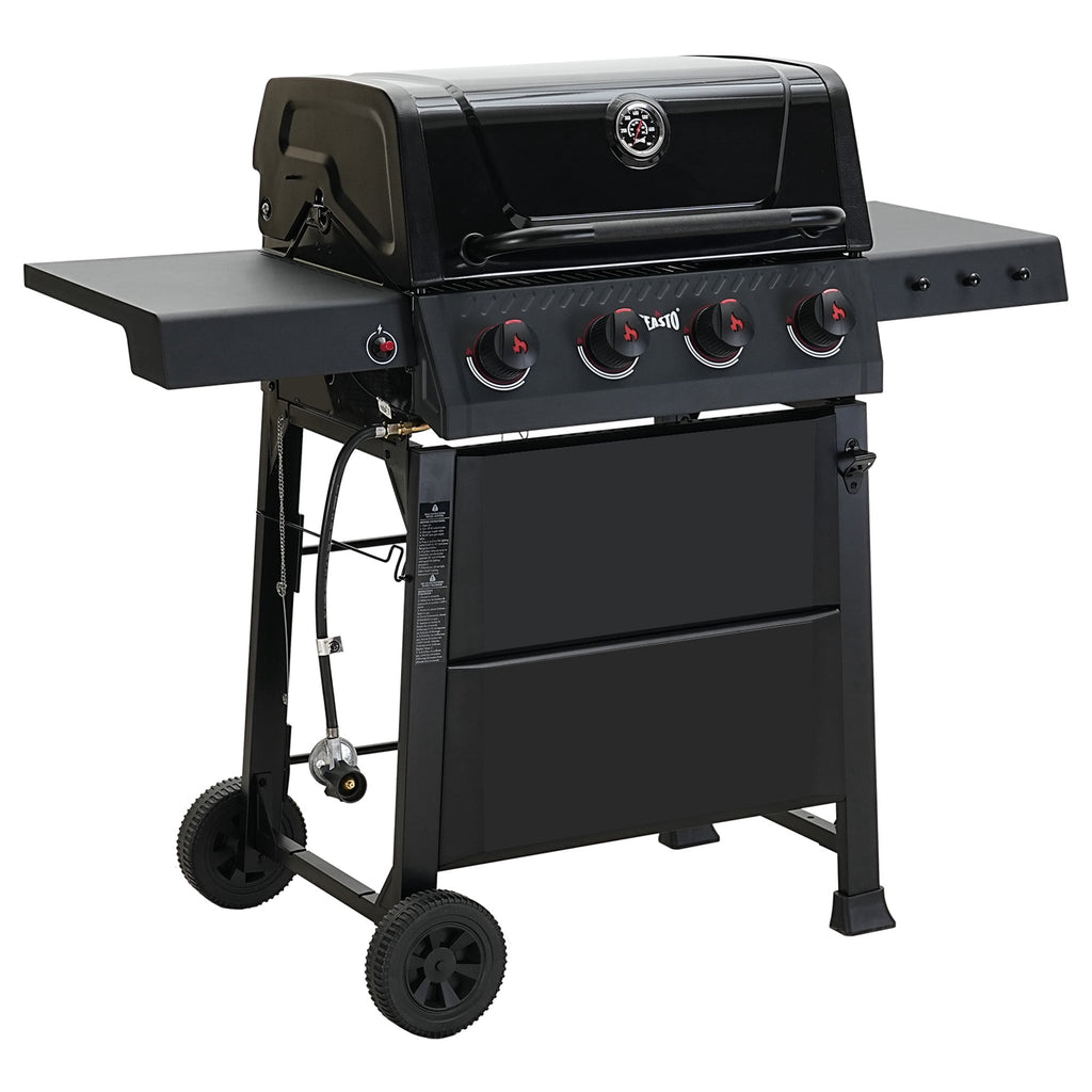 Feasto 4-Burner Propane Gas Grill, Outdoor Grill with 2 Side Tables and Porcelain-Enameled Grates, Black Gas Grills