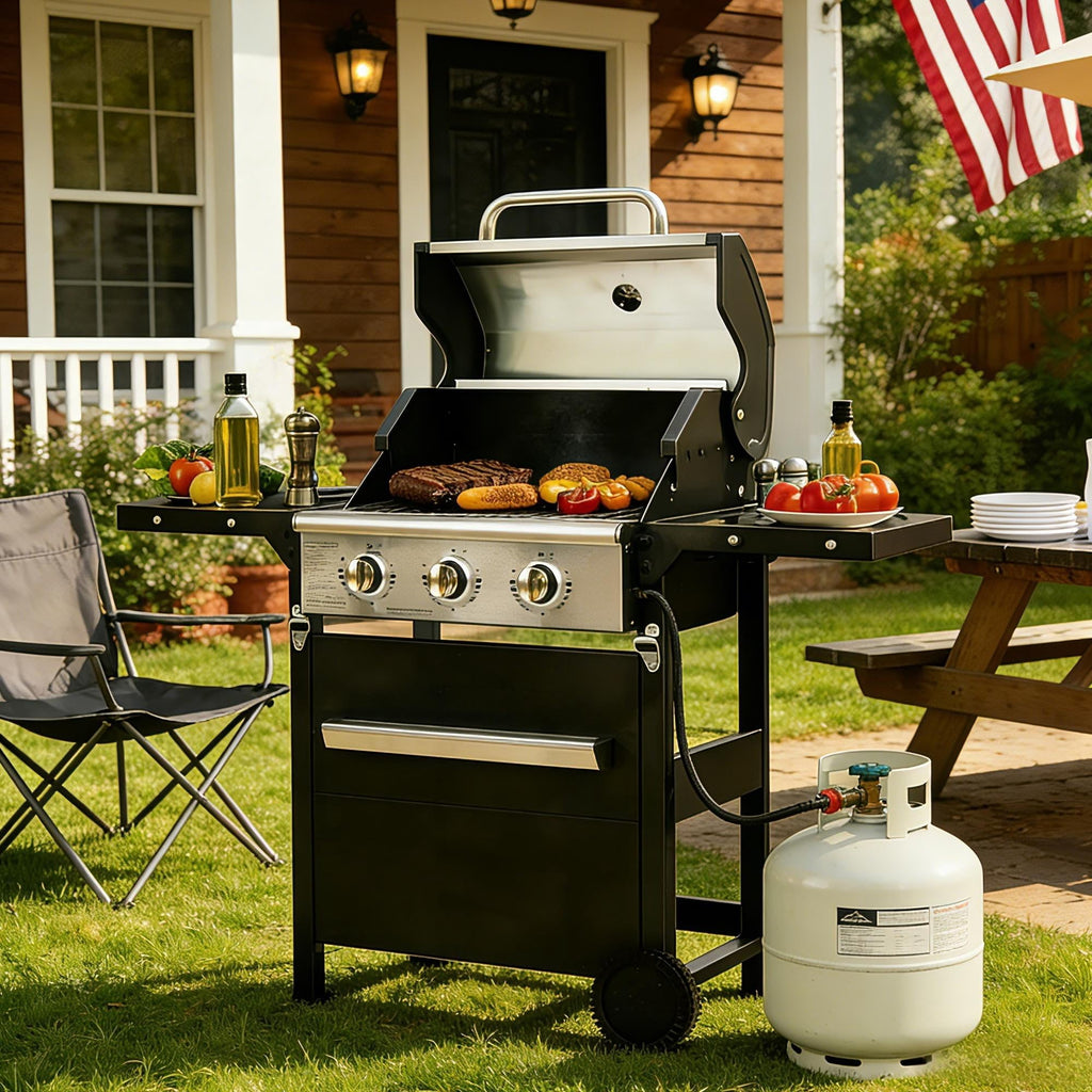 Fehomix 3 Burner Propane Gas Grill, Stainless Steel BBQ Grill with Built-in Thermometer & Electronic Ignition, 26,000 BTU Outdoor Patio Garden Grill with Two Foldable Side Shelves Fehomix