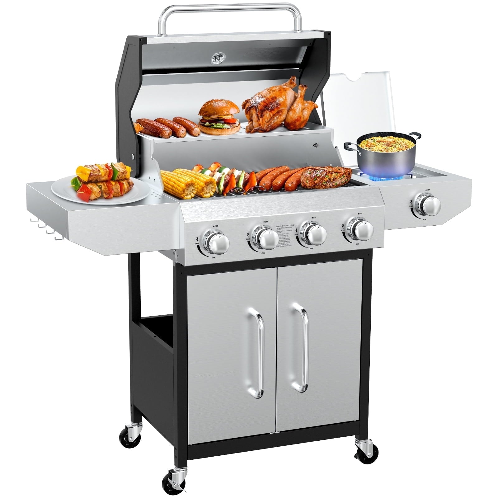 Frizi 4-Burner Gas Grill with Side Burner, 60,000 BTU Stainless Steel Propane Grill, Outdoor BBQ Flat Top Grill with Wheels and Side Shelves for Patio or Camping Gas Grills