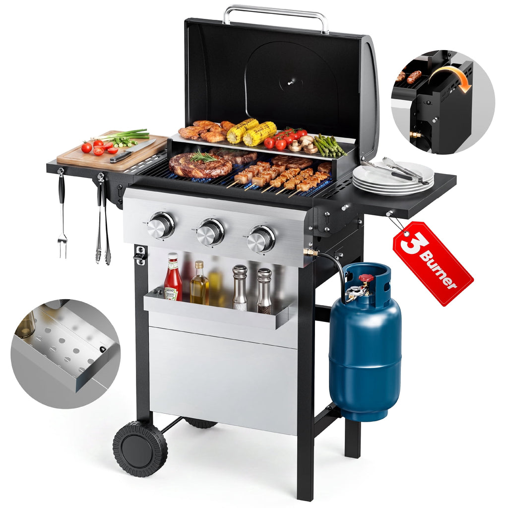 Biotree 3 Burner BBQ Propane Gas Grill, Stainless Steel 28,650 BTU Patio Garden Barbecue Grill with Two Foldable Shelves Gas Grills