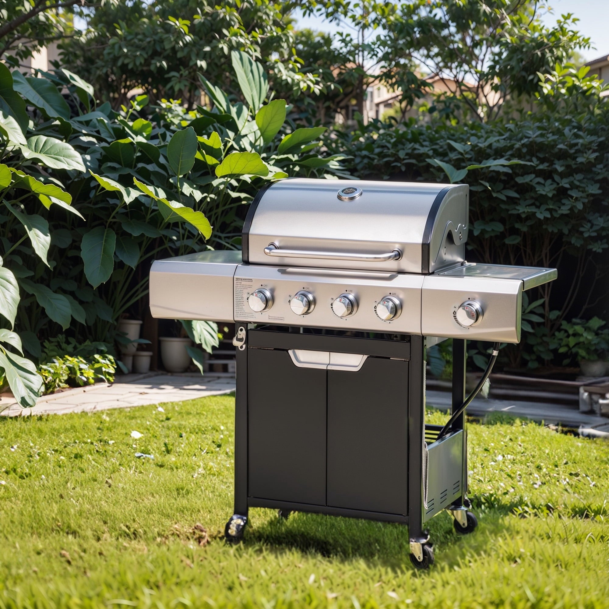 Gas Grill, Enyopro Propane Gas Grill, 4 Burner Stainless Steel BBQ Grill with Side Burner and Cover, 4 Universal Wheels for Outdoor Patio Garden Gas Grills
