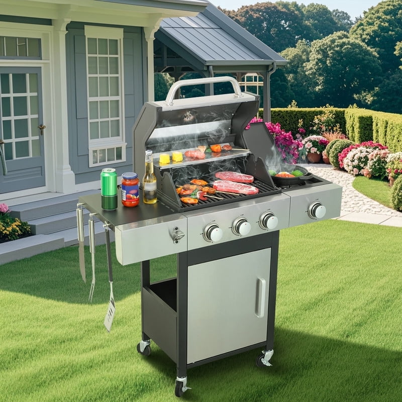 Gundir 3-Burner Propane Gas Grill with Side Burner, 37230 BTU Stainless Steel BBQ Grill, Enameled Cast Iron Grates & Foldable Side Tables, Heavy-Duty Wheels for Outdoor Cooking My Store