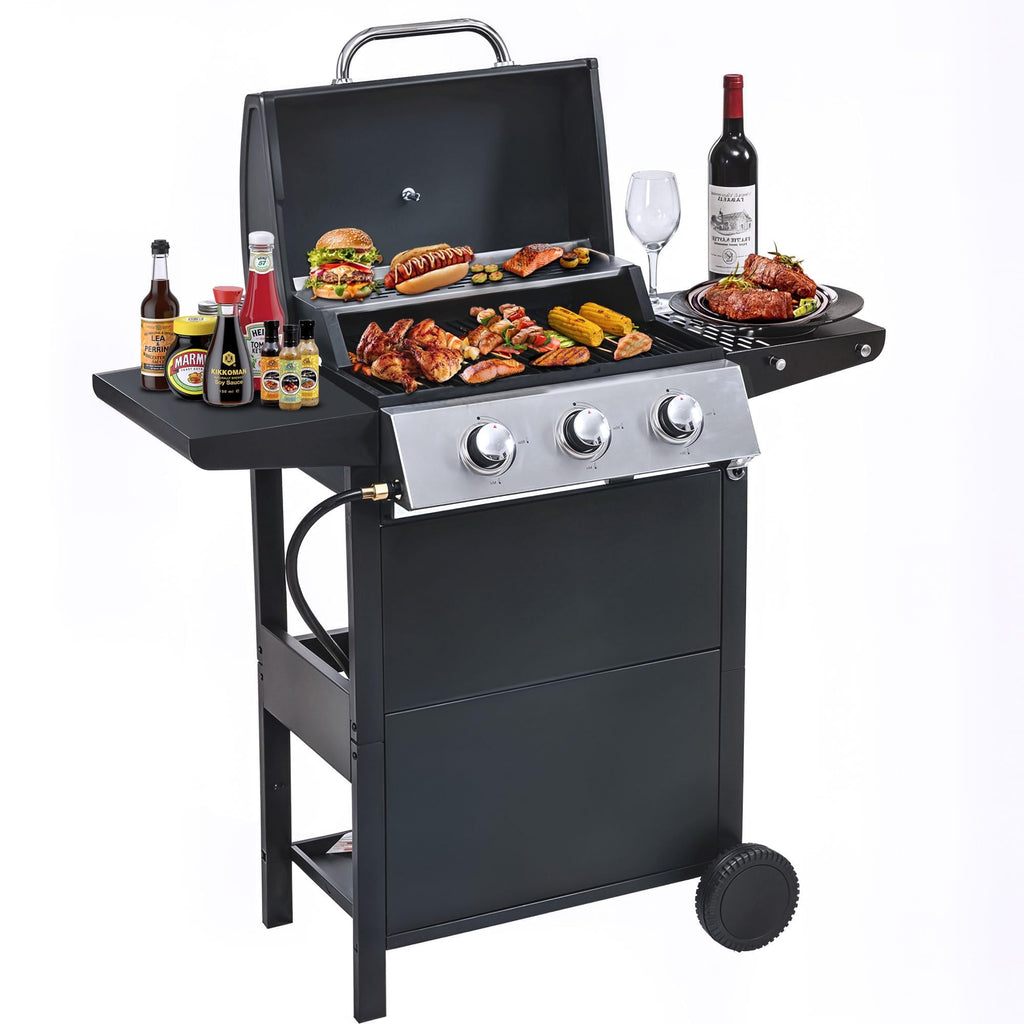 Highsound 3-Burner Propane Gas Grill, 25,650 BTU Stainless Steel BBQ Grill with Side Tables, Outdoor Portable Grill for Backyard & Camping, Black Gas Grills