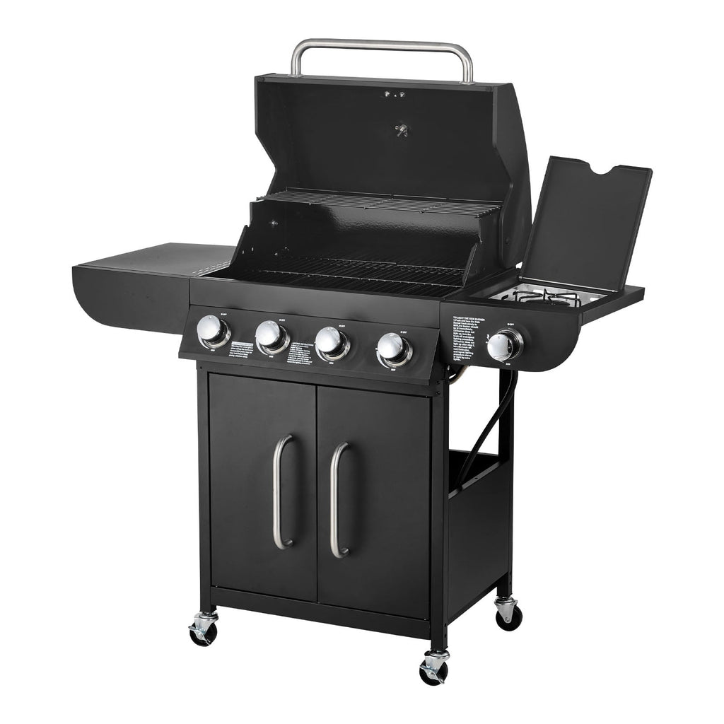 KFFKFF 4-Burner Propane Gas Grill with Side Burner, 425 SQ.In Cooking Surface, Carbon Steel Enamel Grates, Outdoor 52,000 BTU BBQ Grill with Dual Side Shelves, Durable Carbon Steel Construction KFFKFF