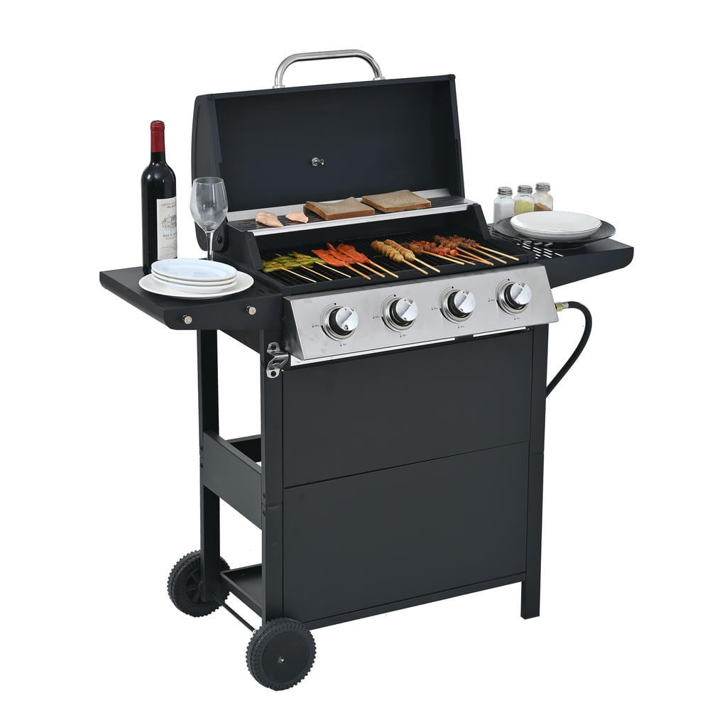 Kadyn Garden Grill with Two Shelves, Lid, Wheels and Bottle Opener, Patio Backyard Barbecue Grill with 4 Burner and Stainless Steel 34,000 BTU, Black Kadyne