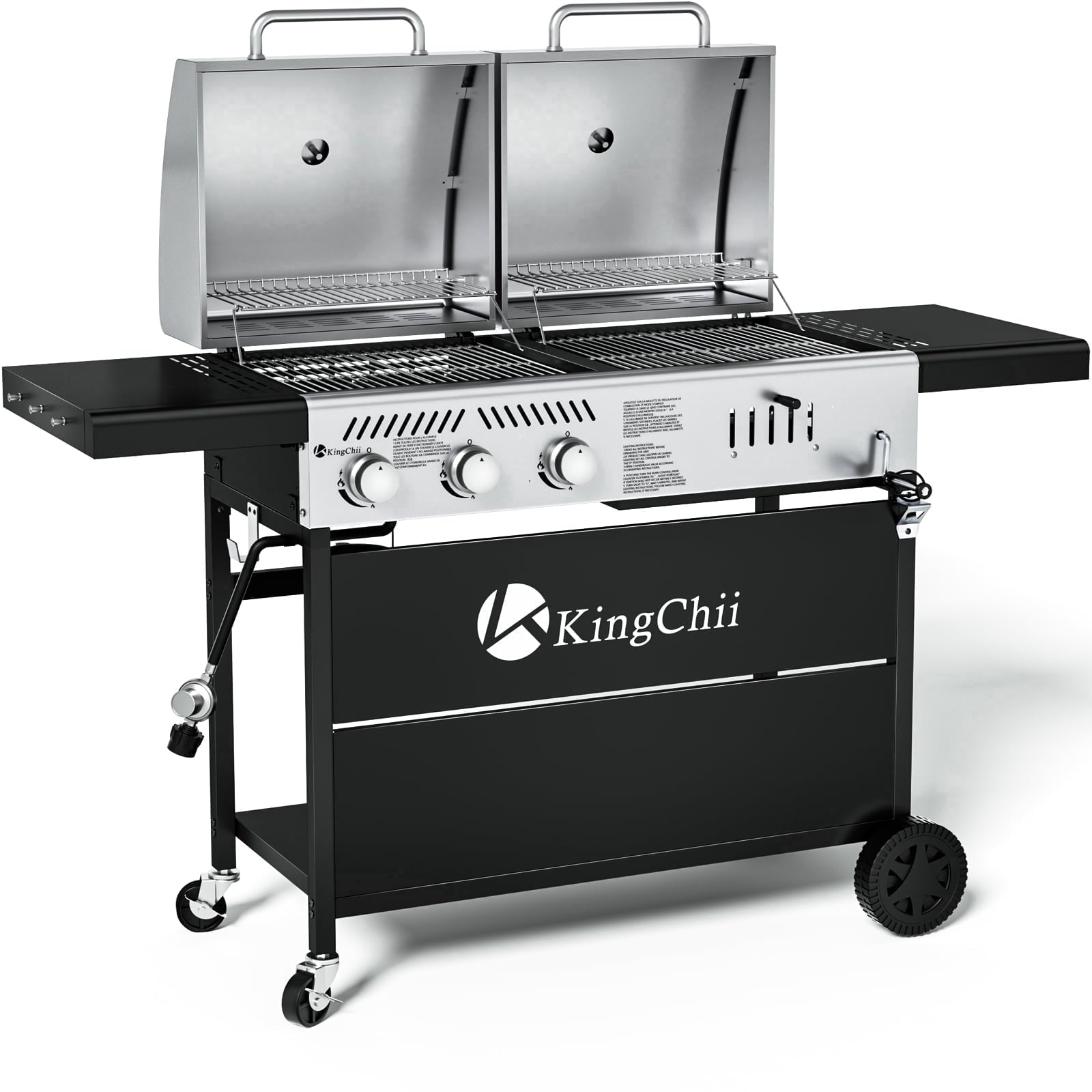 KingChii Gas and Charcoal Grill Combo, Dual Fuel 3-burner BBQ Grill Smoker with Side Burner for Outdoor Patio Cooking Barbecue Gas Grills