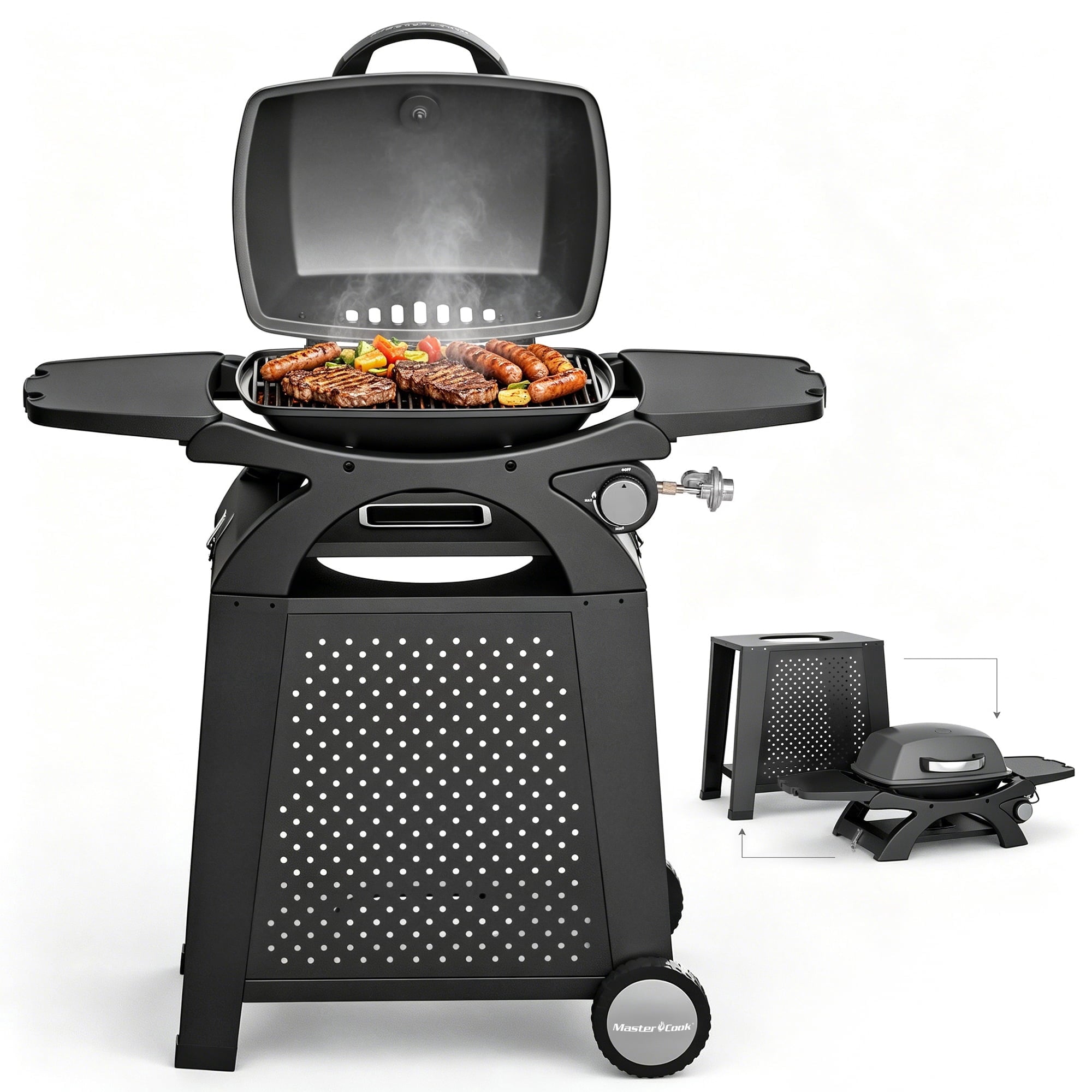 MASTER COOK Propane Gas Grill, Portable Tabletop Barbecue Grill with Cart for Patio, Camping, Travel Master Cook
