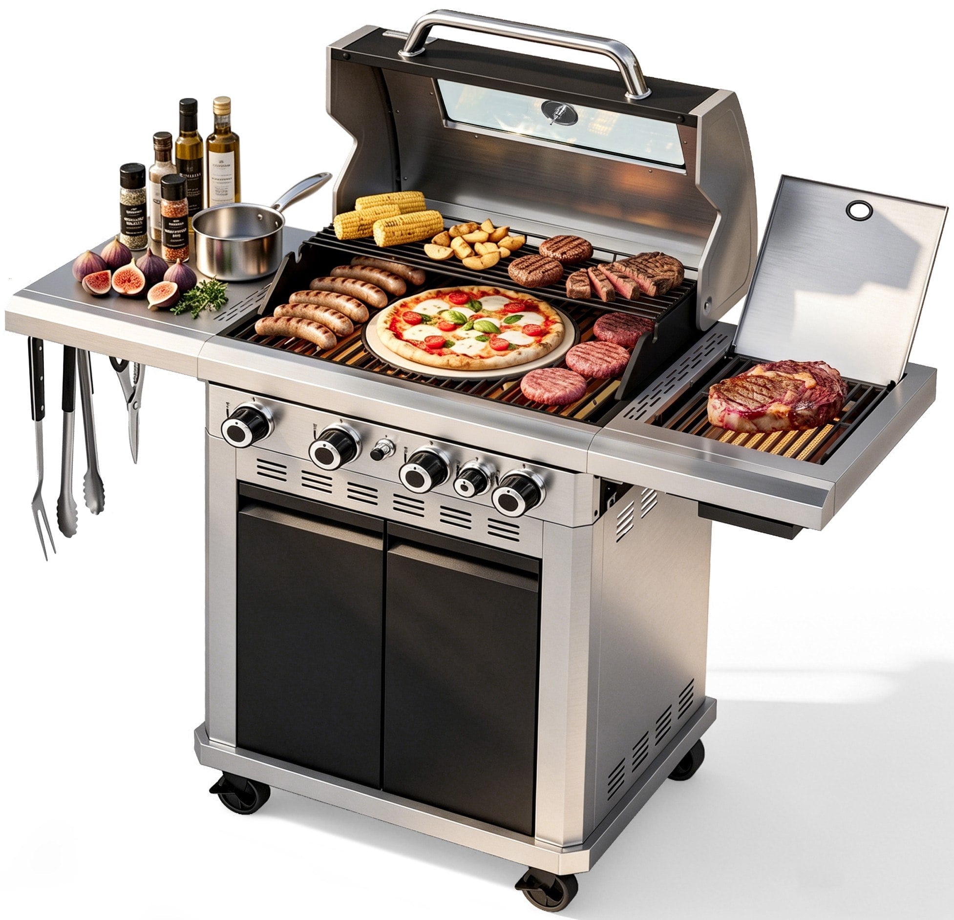 MF Studio 4 Burner Propane Gas Grill with 13500 BTU Infrared Side Burner – 604 sq.in Extra Large Cooking Area Outdoor BBQ Grill - Black Gas Grills